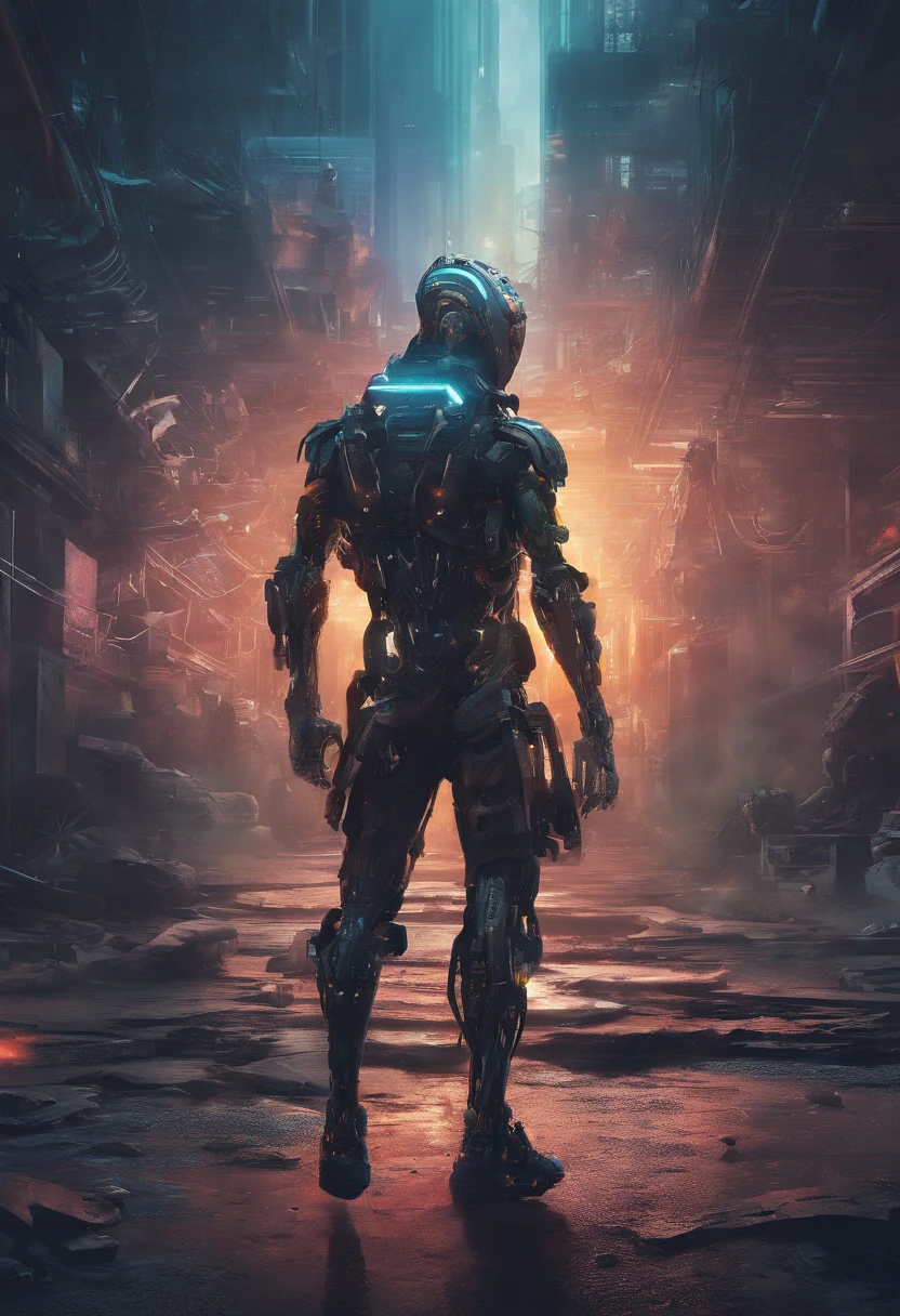 (Best quality,high resolucion,Ultra-detailed,Realstic:1.2), Man with robotic arms wearing a sleeveless hoodie, Yeux bruns, queue de cheval brune, Crackling Energy, Light beard, Concept futuriste, Couleurs vives, Luminous neon lights, Physique impressionnant, Position puissante, Style cyberpunk, metallic texture, Milieu industriel, Contexte du paysage urbain