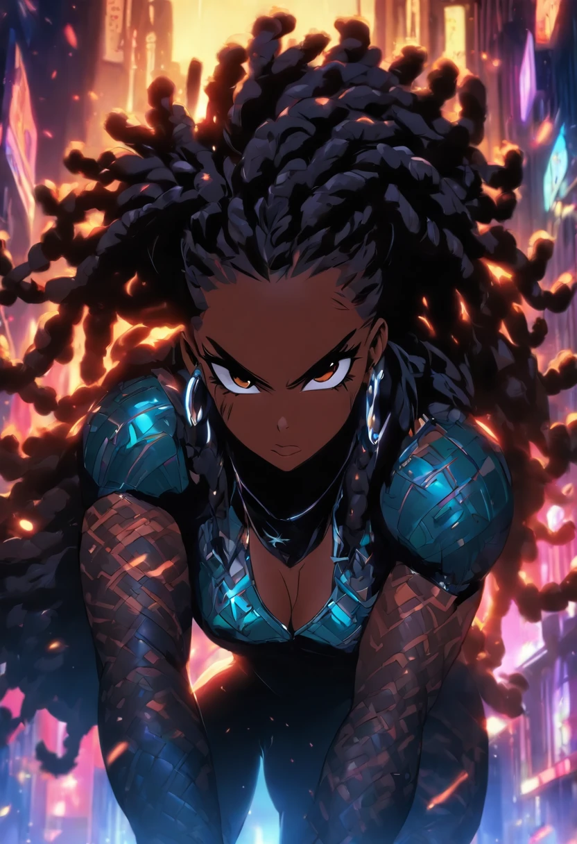 thicc muscular ebony skinned female mommy type, black dreadlocks, wearing sexy bdsm gear with a fur lined cape