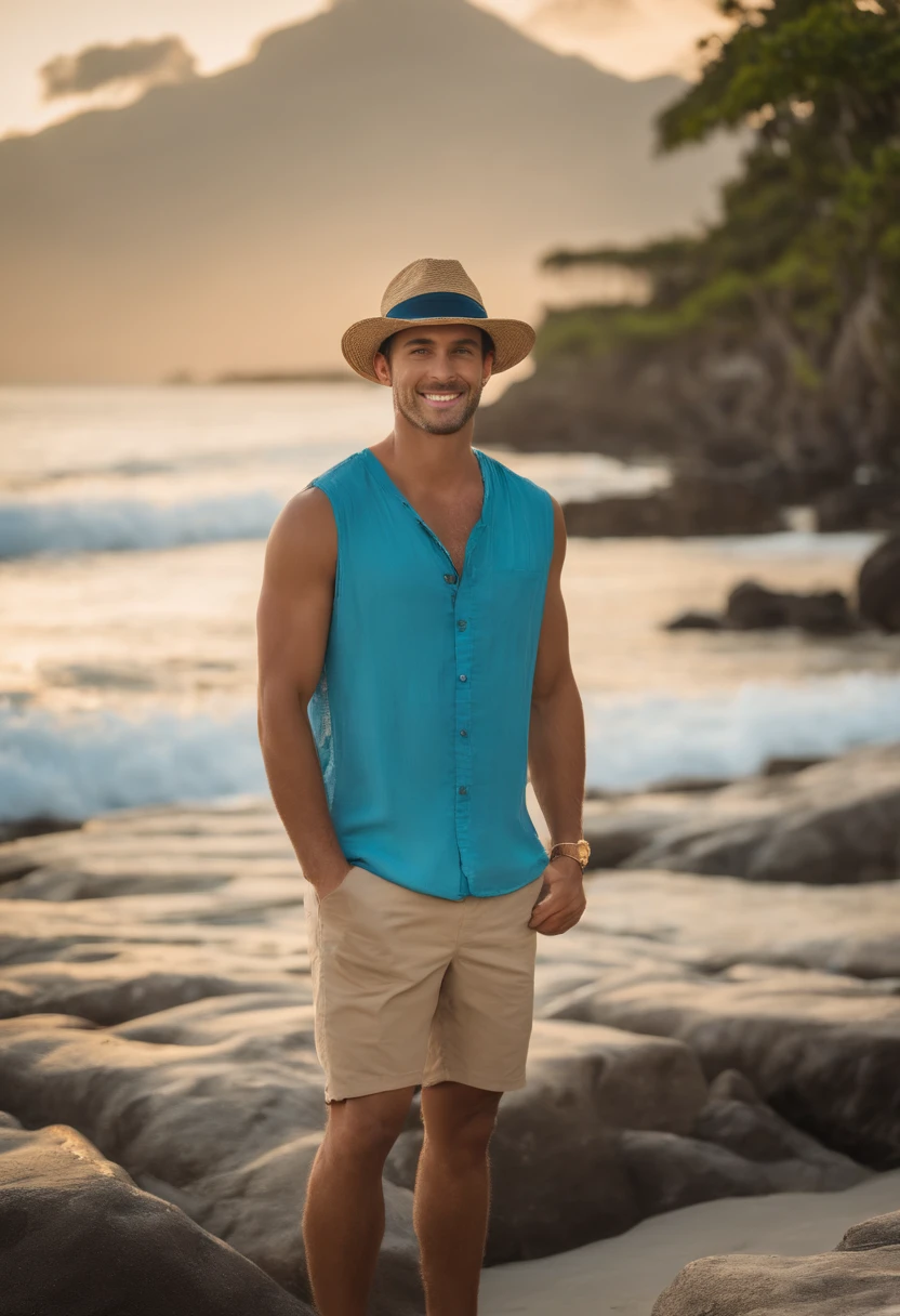 Man in blue shorts and hat leaning against a stone wall, posando em waikiki, posando em uma praia com o oceano, standing near the beach, posando na praia, standing at the beach, vacation photo, foto de praia, foto de retrato de corpo inteiro, em uma praia tropical, meio tiro de um hunky, ao lado do oceano, Tyler Oeste