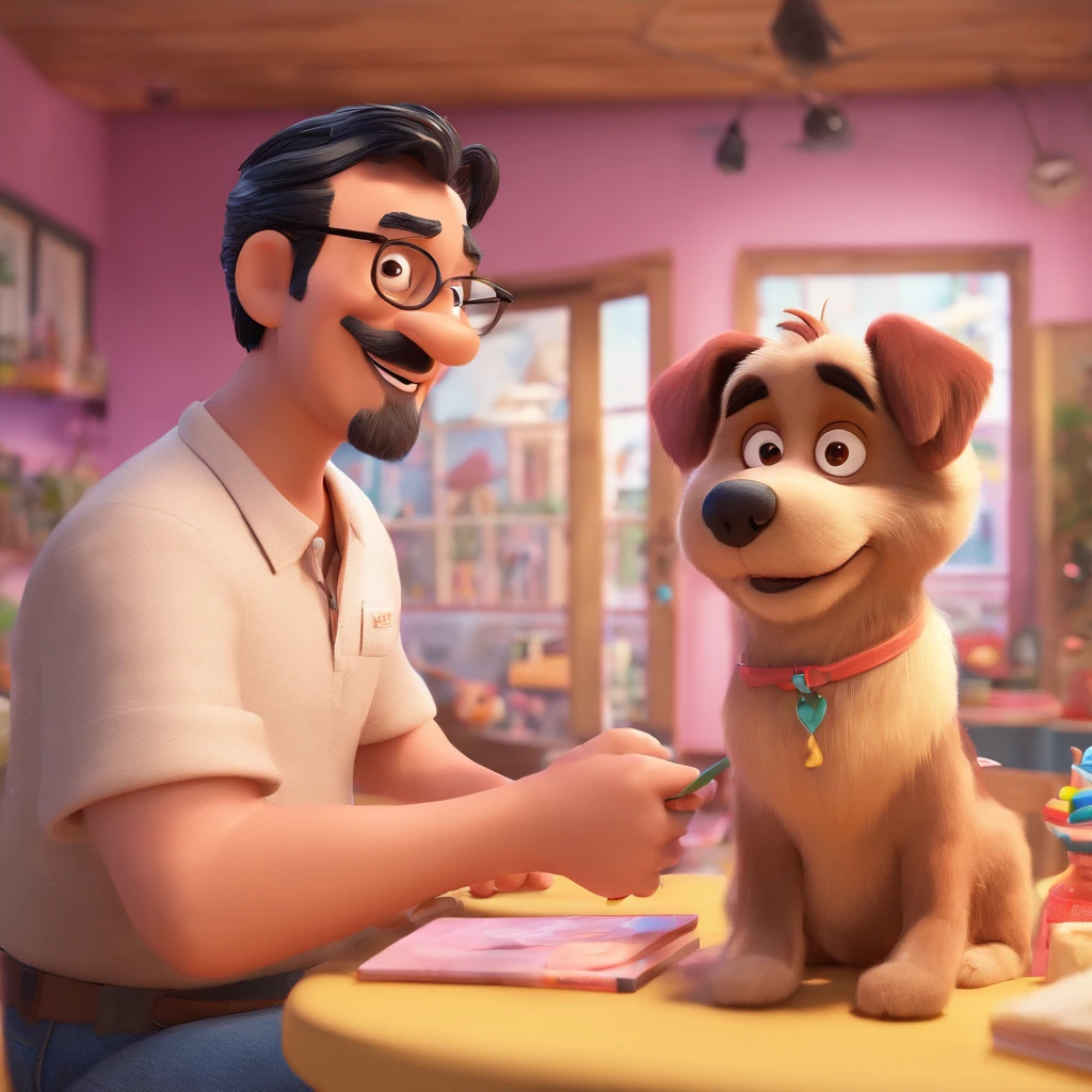 A Disney Pixar-Inspired movie poster with title “(com meu papai)”.
(40 year old man wearing glasses black hair with his shitzu dog with long hair light beige pink bow holding fur ). The scene should be in the distinct digital art style of Pixar, with a focus on character expressions, vibrant colors, and detailed textures that are characteristic of th animations, with the title “(com meu papai)”