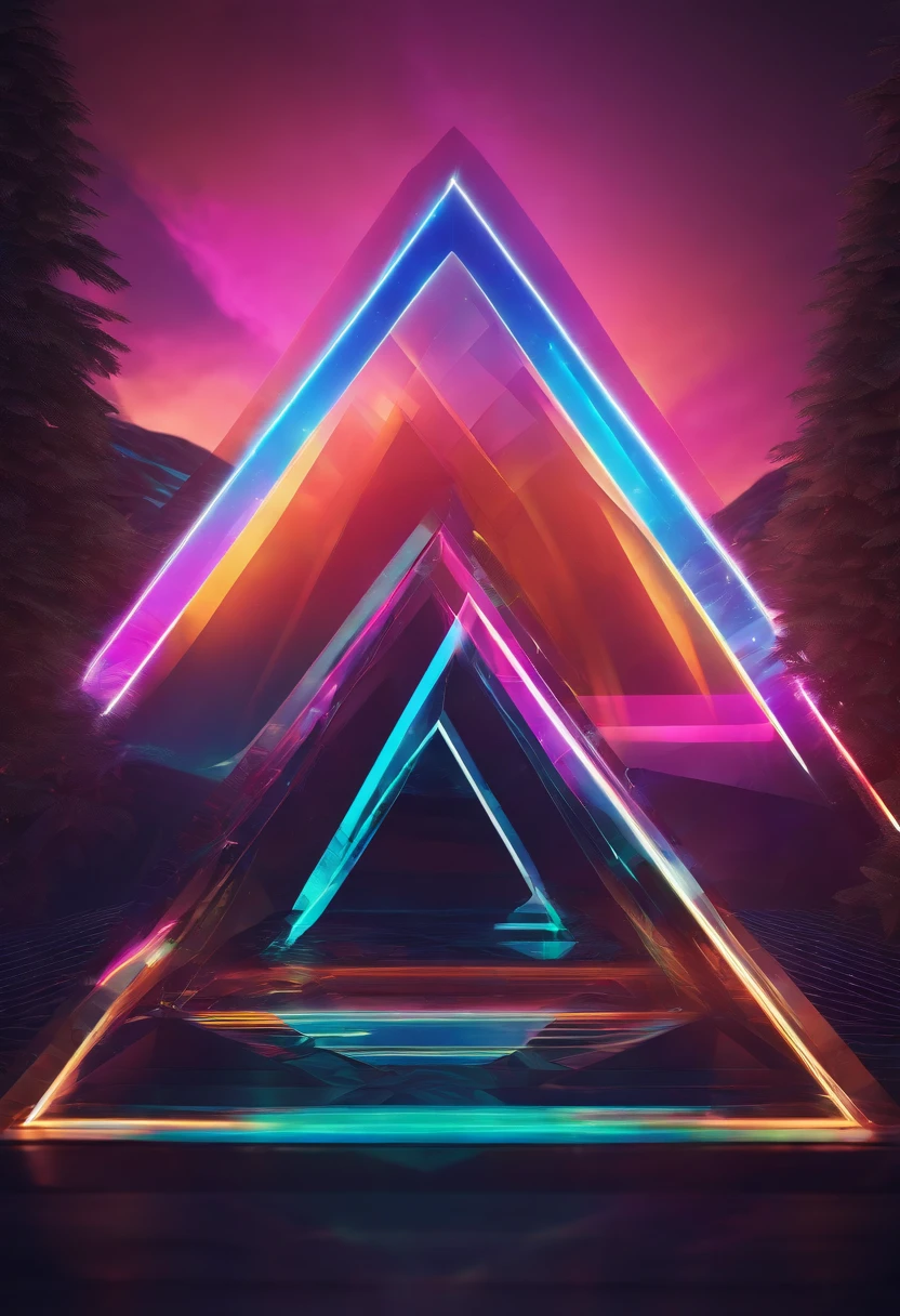 best quality,ultra-detailed,triangular logo,sharp lines,geometric shapes,vibrant colors,futuristic style,neon lights,reflection and shadow effect,abstract art,high-res,photorealistic rendering,3D illustration,trippy vibe,modern digital design