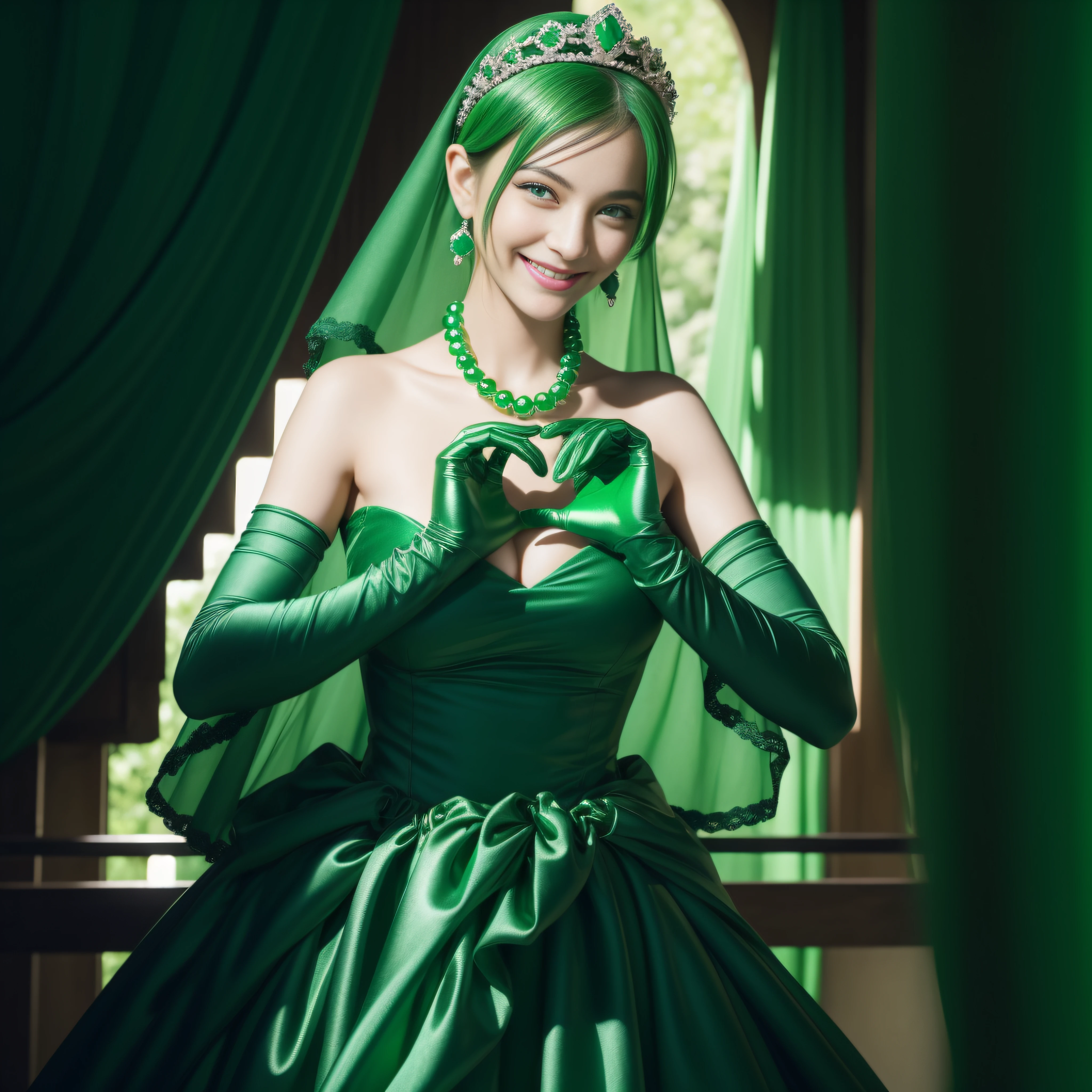 emerald tiara, Green Pearl Necklace, Boyish very short green hair, lipsticks, Japan woman smiling, very short short hair, big breasts beautiful, Green eyes, Long green gloves made of satin material, Green eyes, Emerald Earrings, green vale, Heart with both hands,Green hair