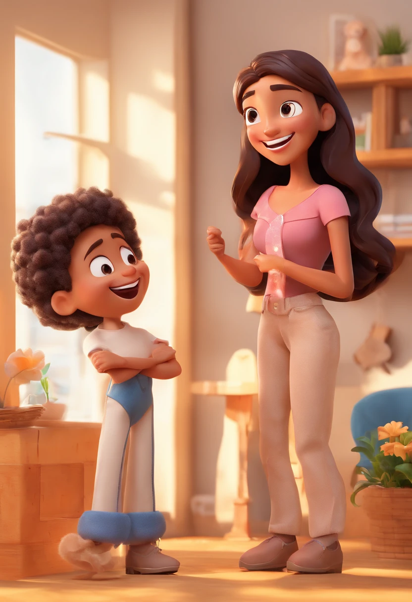 An illustration of an adorable couple, Highlight for a smiling slim brown man and a brown woman with beautiful expressive eyes - the man's skin is brown and the man's hair is low, while the woman's skin is brown and the woman's hair is curly and brown. They are a bright room, cada um com um sorriso no rosto, e compartilhar um momento especial caracterizado pelo amor, Insights. Illustrate this scene from a perspective where they are facing the camera, Smiling and Showing Your Connection. Desenvolva esta arte em Full HD, Focus on your cinematic touch, Estilo Disney Pixar Animations