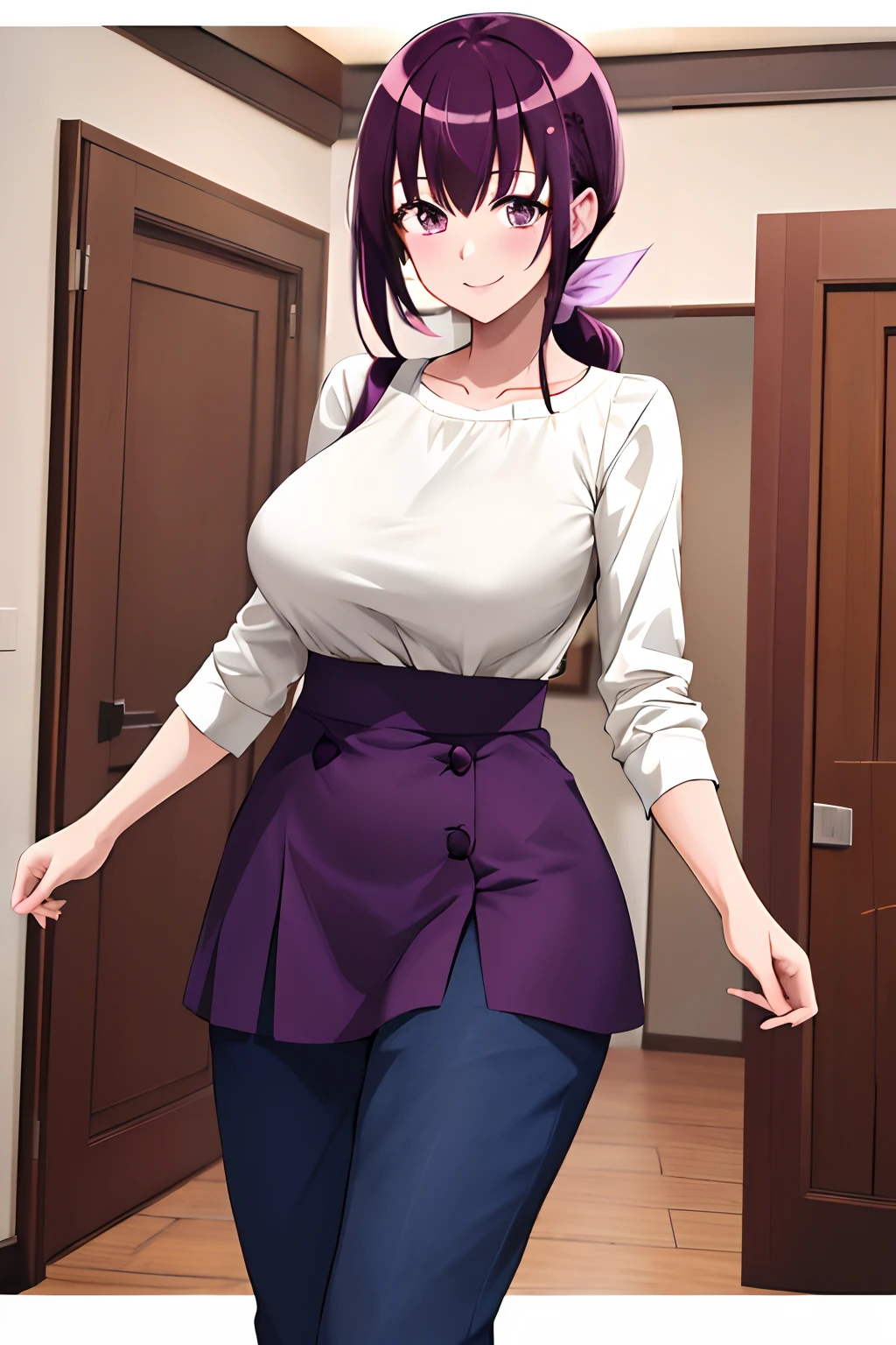 masterpiece, best quality, highres, hi1, purple hair,  purple eyes, large breasts, hair bow, skirt, pants, white shirt, cowboy shot, smile, indoors