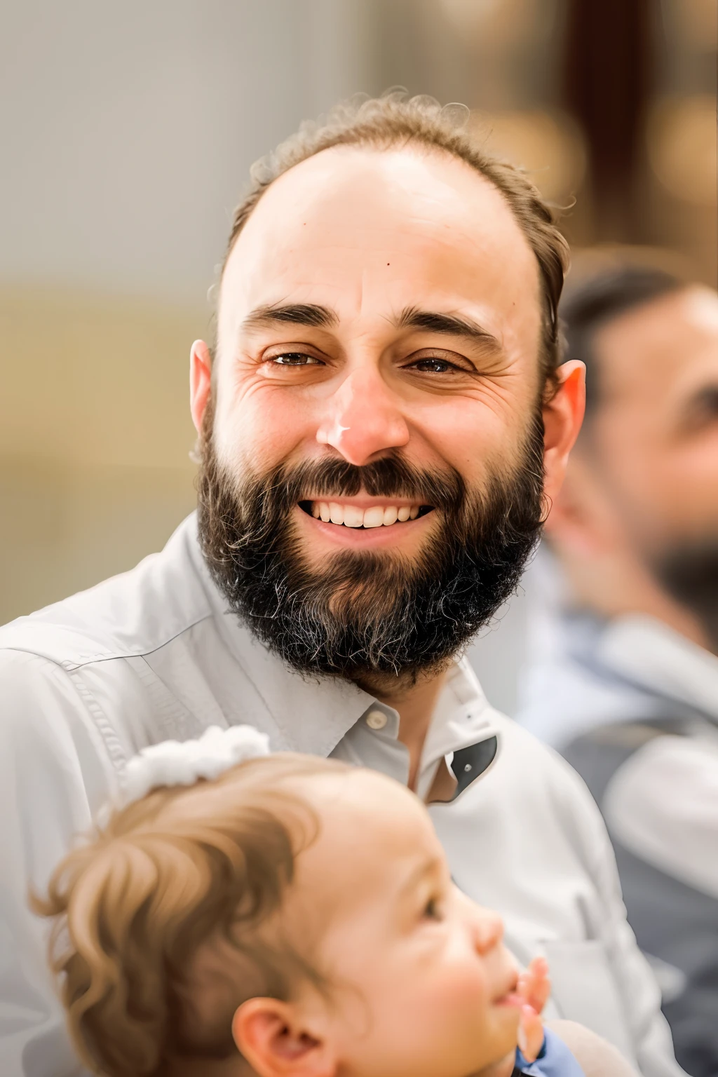 There's a man with a beard and a baby on his lap, brett goldstein, Paulo Davey, Zachary Corzine, Chris Escaldo, Timothy Rees, Igreja de Ryan, Alessandro Barbucci placeholder image, barba pequena, Mateus Stewart, Jon Lothian, pai com filho, pai hipster, muito ligeiramente sorridente, Jonathan Zawada, Paulo Pepera