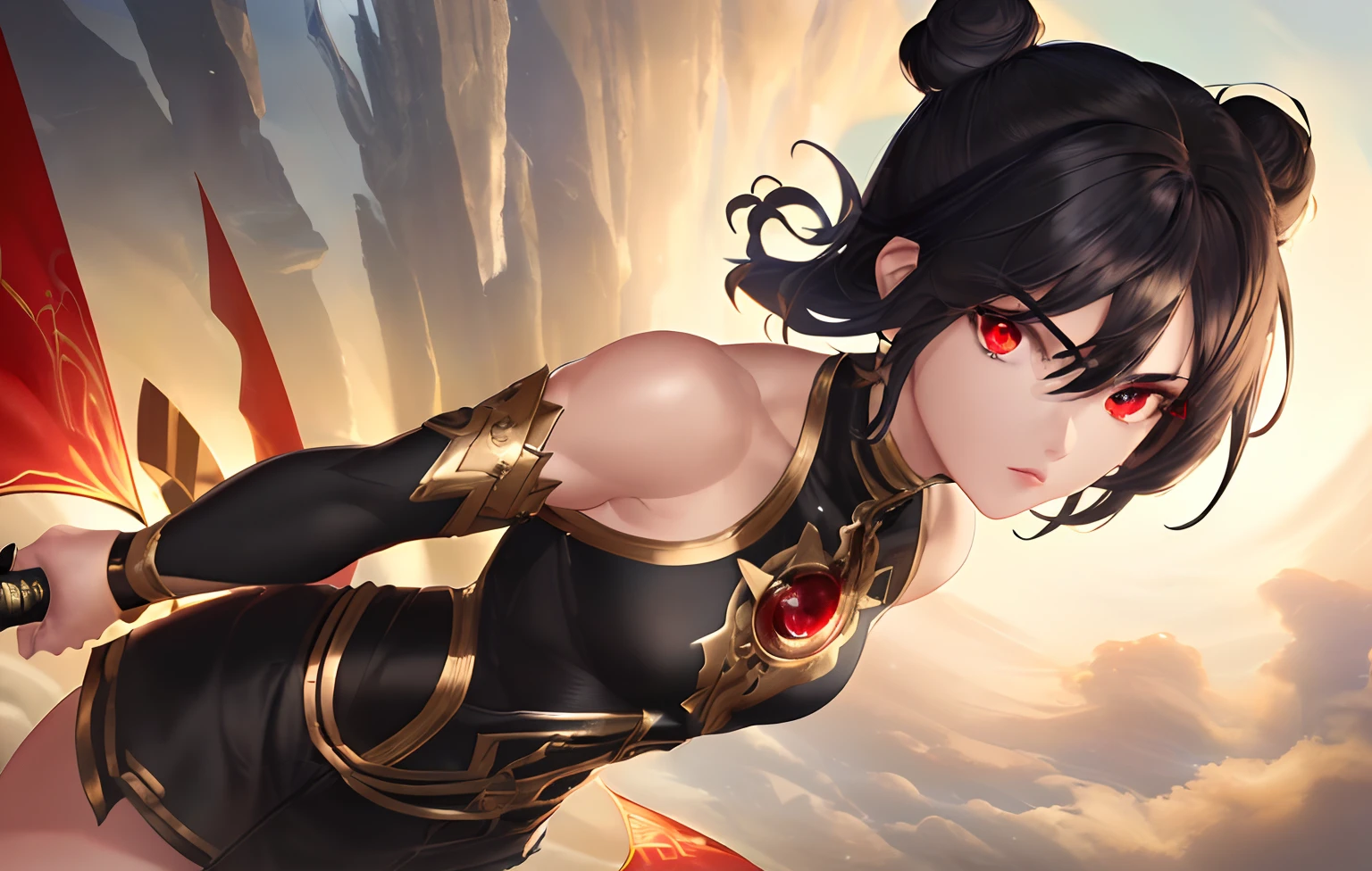 (Best quality, 8k, 32k, perfect body, ultra detailed face, , detailed eyes, ((masterpiece)), highres, Muscular woman, Black hair, Red eyes, tall body, Small face, Short hair, Side buns, Fantasy outfit, Neutral Expression, Solo, Spiral Eyes, Holding blade, Standing