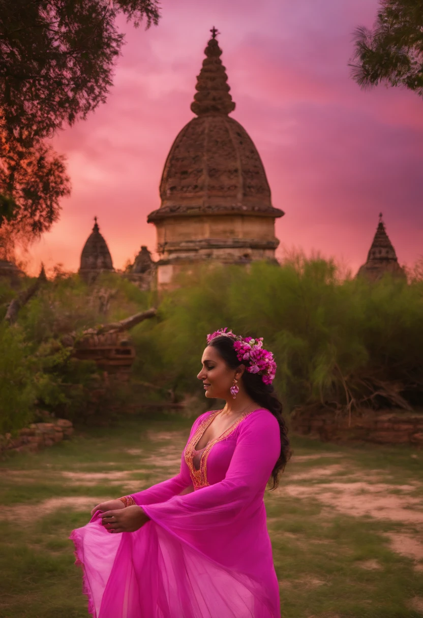 High Frequency: 1.8, Riqueza de detalhes, master part, 8k, Beautiful priestess in pink shirt standing in front of fire, Dancing, Hands Waving Fan, Ventilador em chamas, Chamas cercam sacerdotisa, queimando fundo do campo de batalha,