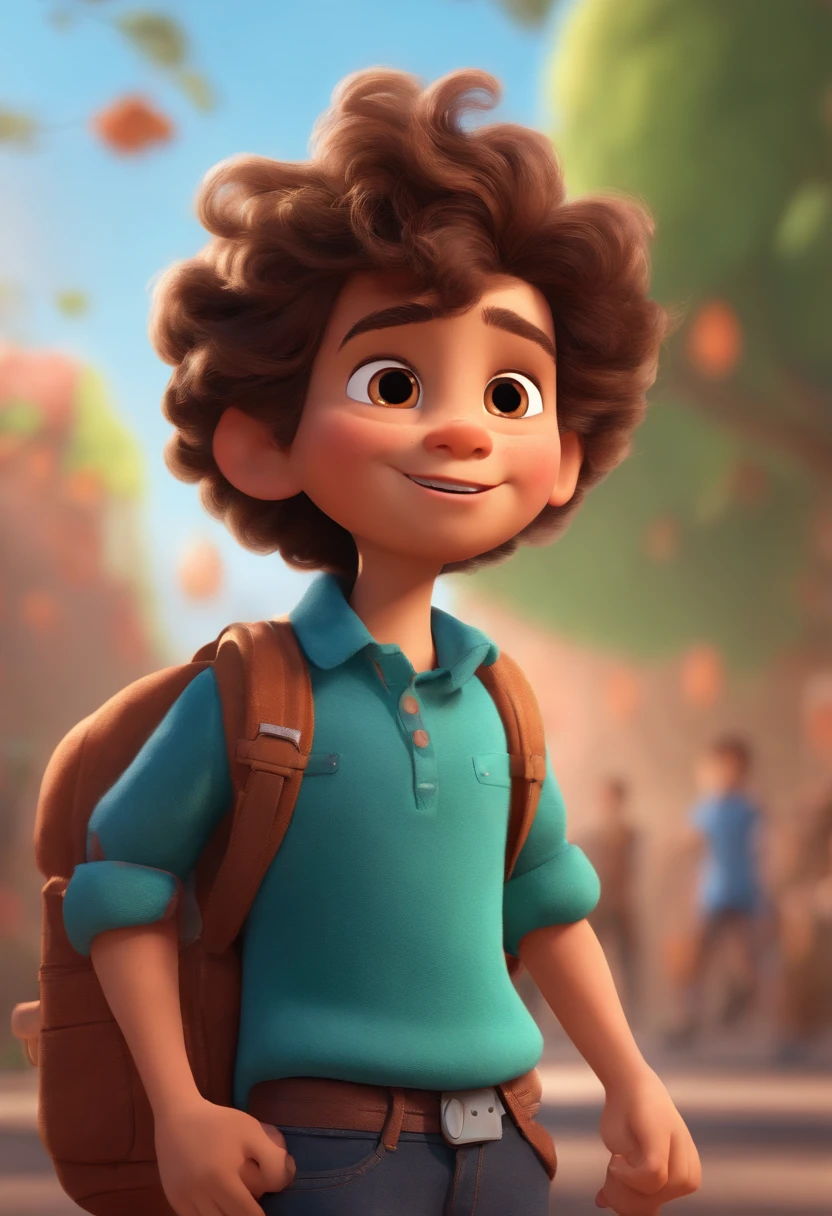 Image of a boy for a story in a YouTube video in Pixar format, He's the little allabester, He's the class leader, He's outgoing, Playful and gets up for a lot of things, cabelo curto