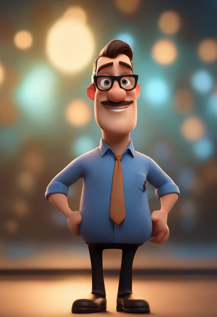 Cartoon character of a man wearing black glasses and a blue shirt, um personagem animado, Caractere estilizado, animation style rendering, 3D estilizado, Arnold Maya render, 3 d render stylized, toon render keyshot, Personagem 3D, Personagem 3D, 3d rendering stylized, 3 d character render, personagem de desenho animado, Personagem de close up, Pose de personagem, (Estilo Pixar) (master part:1.2) (Bokeh) (best quality) (pele detalhada) (textura detalhada) (8k) (argila) (Cinematic lighting) (foco nítido，Senta e vaza a parte superior do corpo