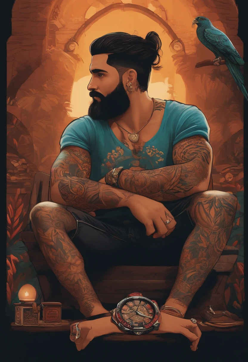 crie um banner no estilo Pixar. Um homem moreno com barba, Black hair combed up with arm all tattooed, tocando cavaquinho e com camiseta branca, Digital watch on arm and with background in a show with lights