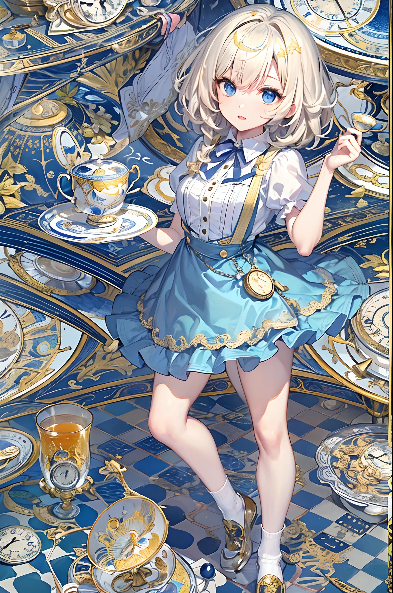 (masuter piece、top-quality、Mystical、Beautifully Aesthetic、Perfect human body balance、offcial art、Impresionismo、von gogh:1.2)、(1 girl in:1.3)、(Fractal Art:1.0)、shinny skin、patterns、(alice in the wonderland:1.2)、(PlayingCards、tea cup、pocket watch:1.3)、(Tie your hair with a ribbon、Blue Dress、a miniskirt、beauty legs、White Apron、white sock、platinum-blonde、Blue eyes)、Exotic wallpapers、highly colorful、Abstract background、Fantastical