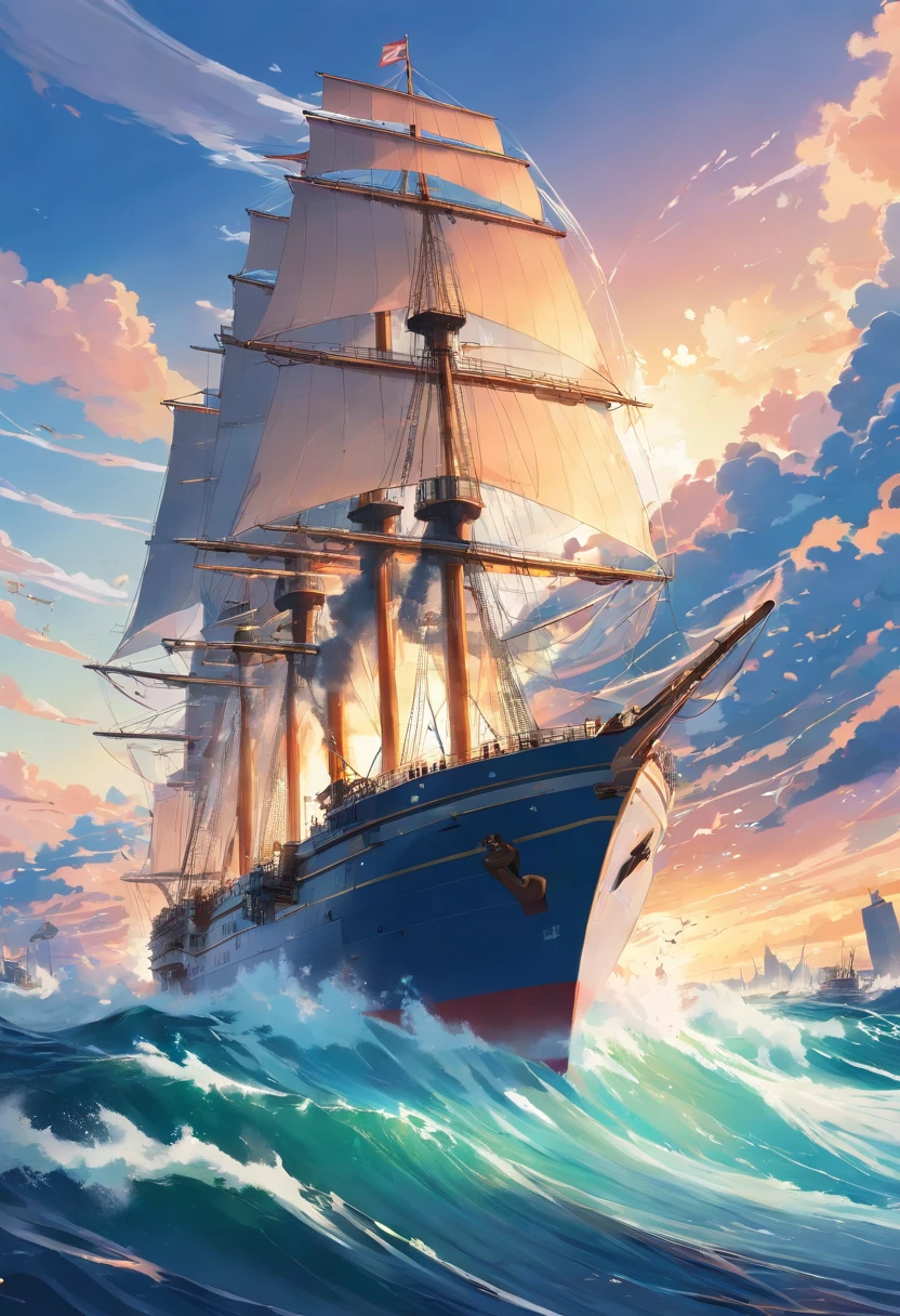 color photo of a tumultuous battle taking place on the high seas, featuring ships from different eras engaged in a fierce naval conflict. The scene is a chaotic symphony of billowing sails, roaring cannons, and crashing waves. A majestic, golden-age galleon clashes with a sleek, modern warship, their cannons firing in a display of power and determination.