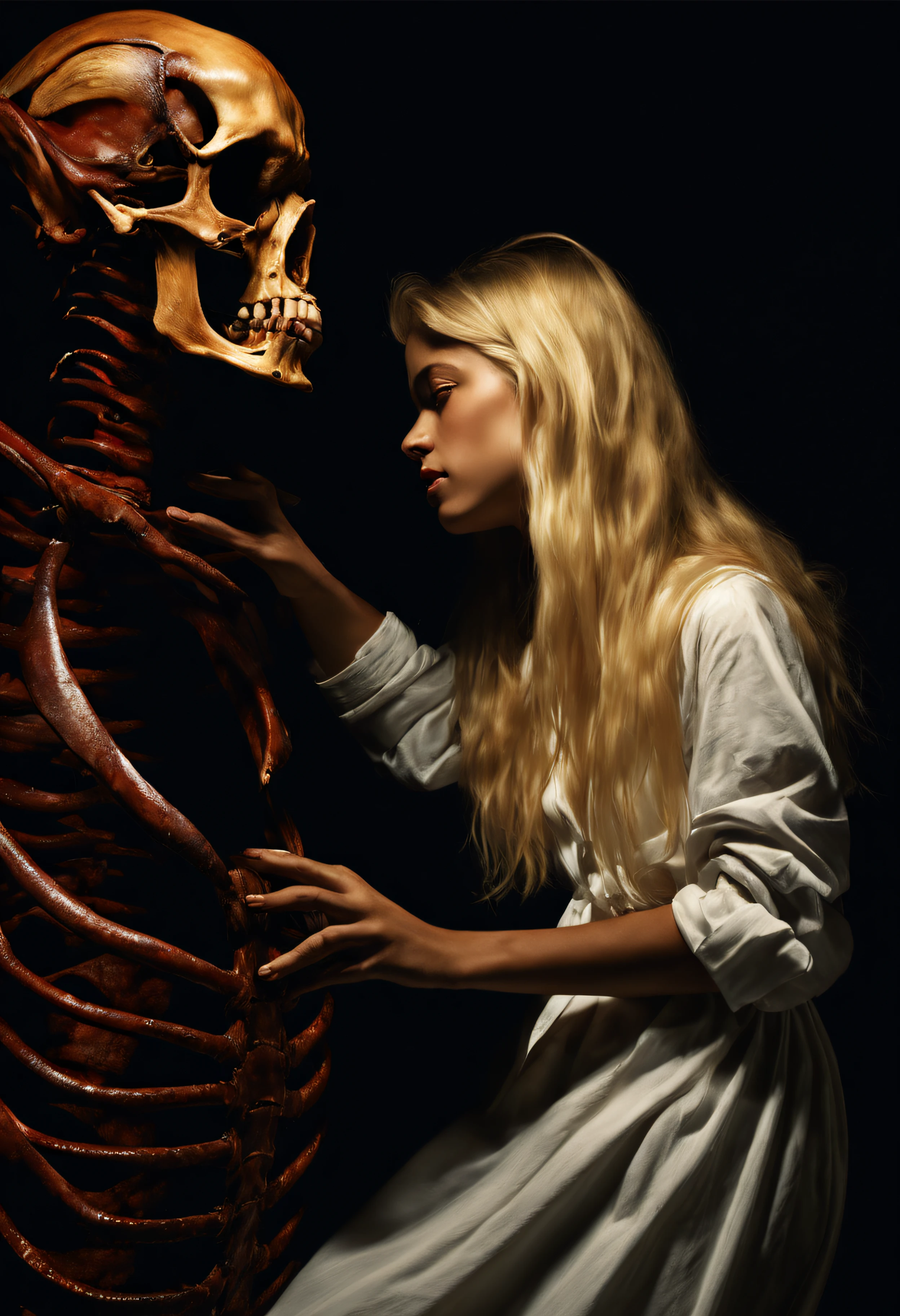 "(The best lighting, alto contraste, oscuro, dramatic),(Chica rubia junto a una cabra negra gigante, Open the rib cage, feto, autopsia, huesos humanos, sangre por las paredes). Luz Caravaggio"