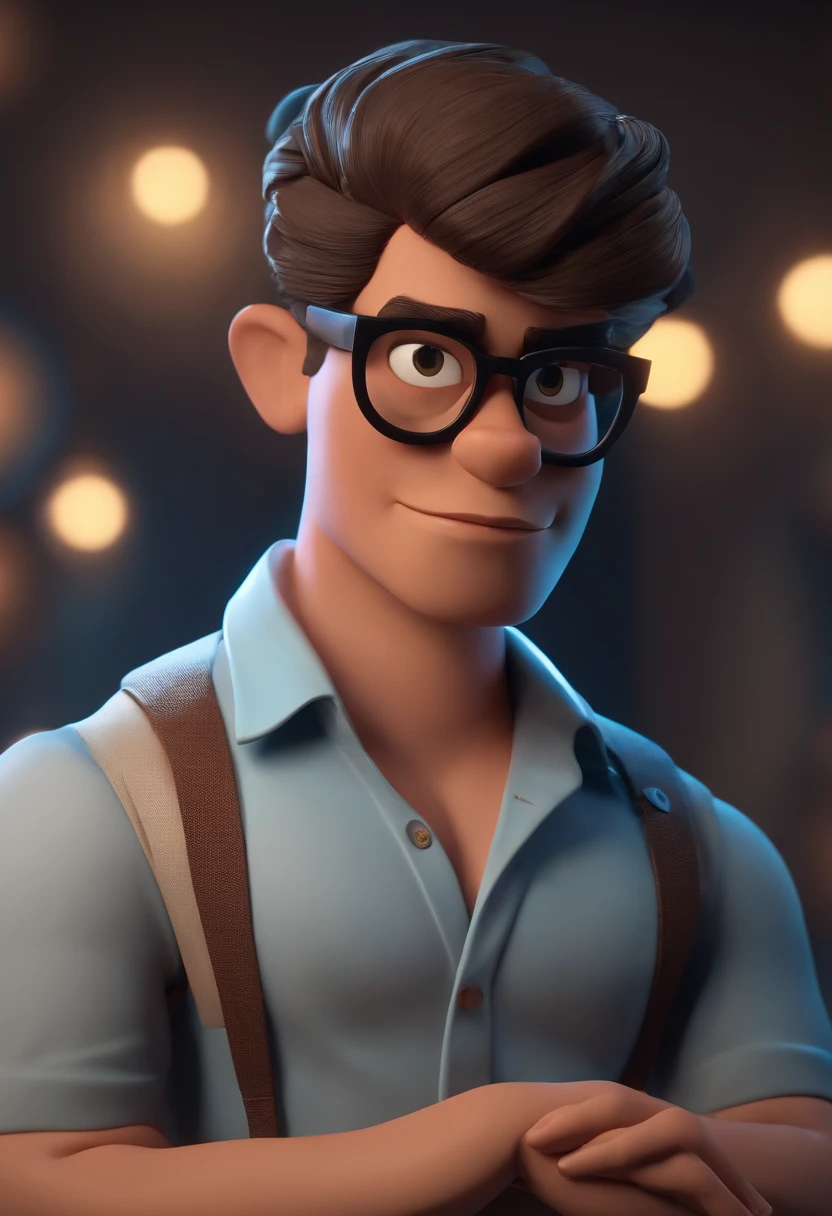 Cartoon character of a man wearing black glasses and a blue shirt, um personagem animado, Caractere estilizado, animation style rendering, 3D estilizado, Arnold Maya render, 3 d render stylized, toon render keyshot, Personagem 3D, Personagem 3D, 3d rendering stylized, 3 d character render, personagem de desenho animado, Personagem de close up, Pose de personagem, (Estilo Pixar) (master part:1.2) (Bokeh) (best quality) (pele detalhada) (textura detalhada) (8k) (argila) (Cinematic lighting) (foco nítido,Senta e vaza a parte superior do corpo