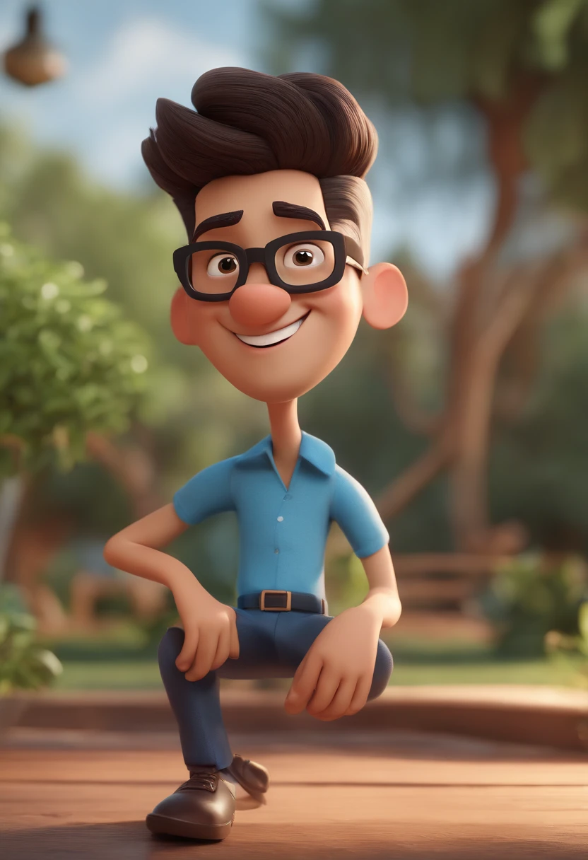 Cartoon character of a man with black glasses and a blue shirt, animation character, Caractere estilizado, Eyebrow Designer Animation Style Rendering, 3D estilizado, Arnold Maya render, 3 d render stylized, toon render keyshot, Personagem 3D, Personagem 3D, 3d rendering stylized, 3 d character render, personagem de desenho animado, Personagem de close up, Pose de personagem,  (Estilo Pixar) (master part:1.2) (Bokeh) (best quality) (pele detalhada) (textura detalhada) (8k) (argila) (Cinematic lighting) (foco nítido