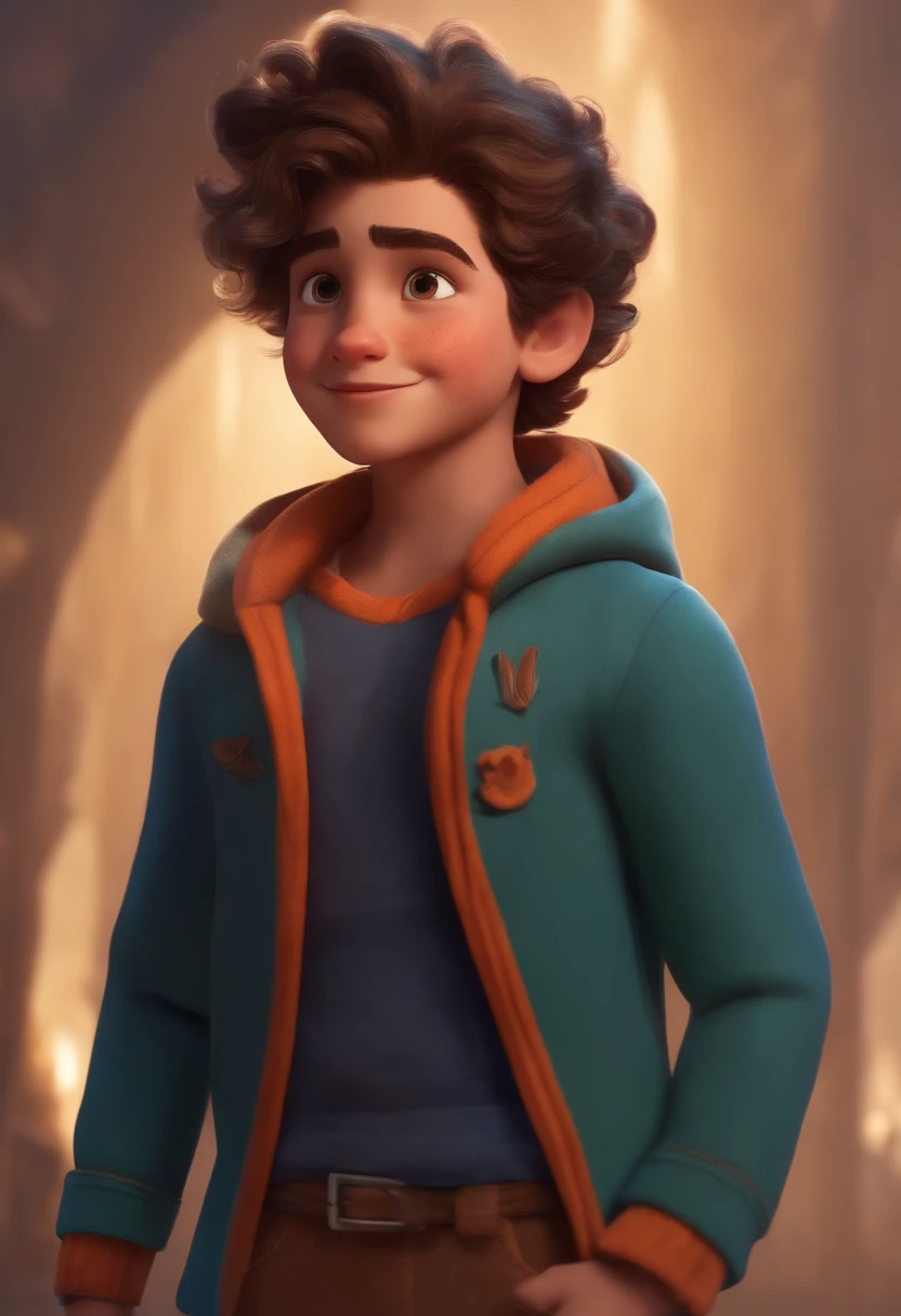 Image of a boy for a story in a YouTube video in Pixar format, He's the little allabester, He's the class leader, He's outgoing, Playful and gets up for a lot of things, cabelo curto