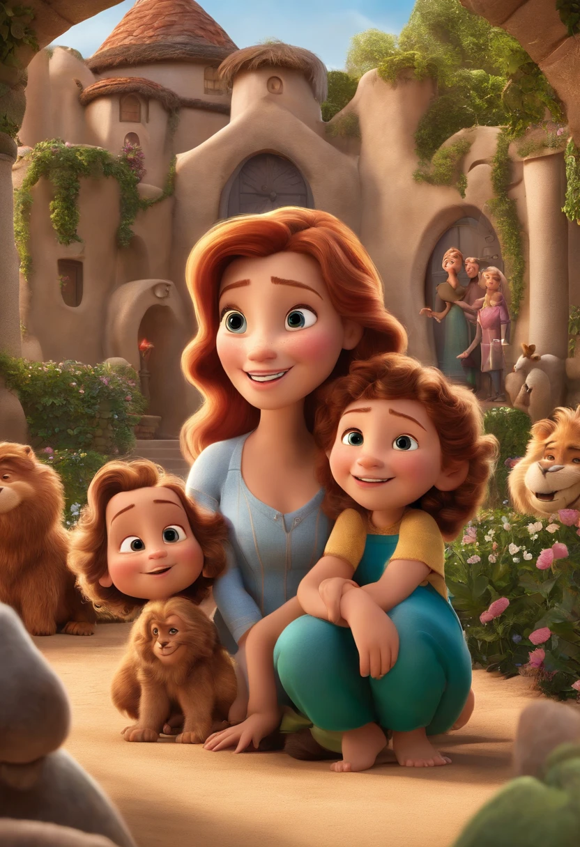 a Disney Pixar movie poster showing a white-skinned family. The father is the tallest, Tem barba curta, loiro, cabelos curtos e espinhosos. The mother has brown eyes and hair, shoulder-length and is slightly overweight. A tem 4 anos e cabelos castanhos, roupa rosa e rabos de cavalo. The background is a beach garden. 3D-rendering