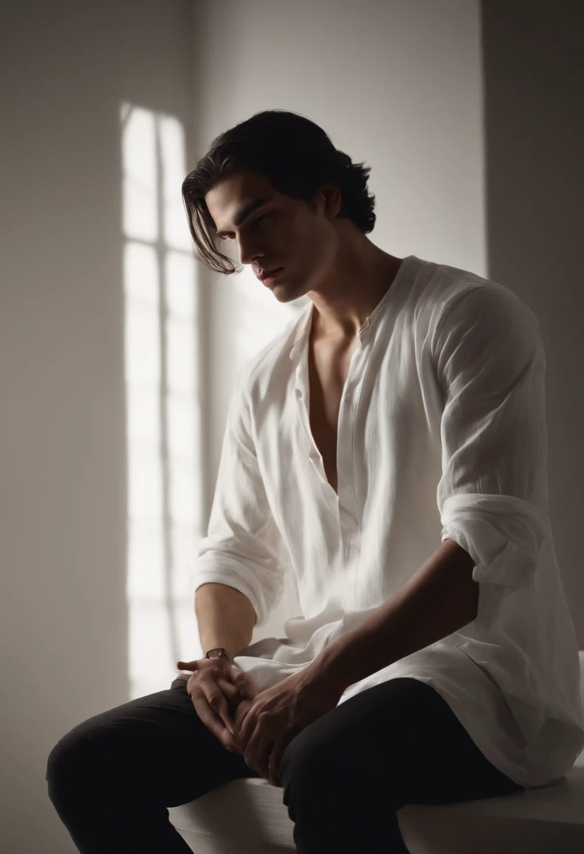 (best quality,4k,highres,masterpiece:1.2), ultra-detailed, painting-like, a pale young man with a long and black hair dressed in white clothes while sitting in the corner of a blank room. melancholic look, detailed eyes, detailed lips, white clothes flowing, subtle shadows, atmospheric lighting, thought-provoking, introspective, moody ambiance, artistic photography, chiaroscuro effect, dramatic lighting, introspective mood, deep contemplation, minimalist setting, clean lines, blank walls, empty space, sense of solitude, calm and serene atmosphere.