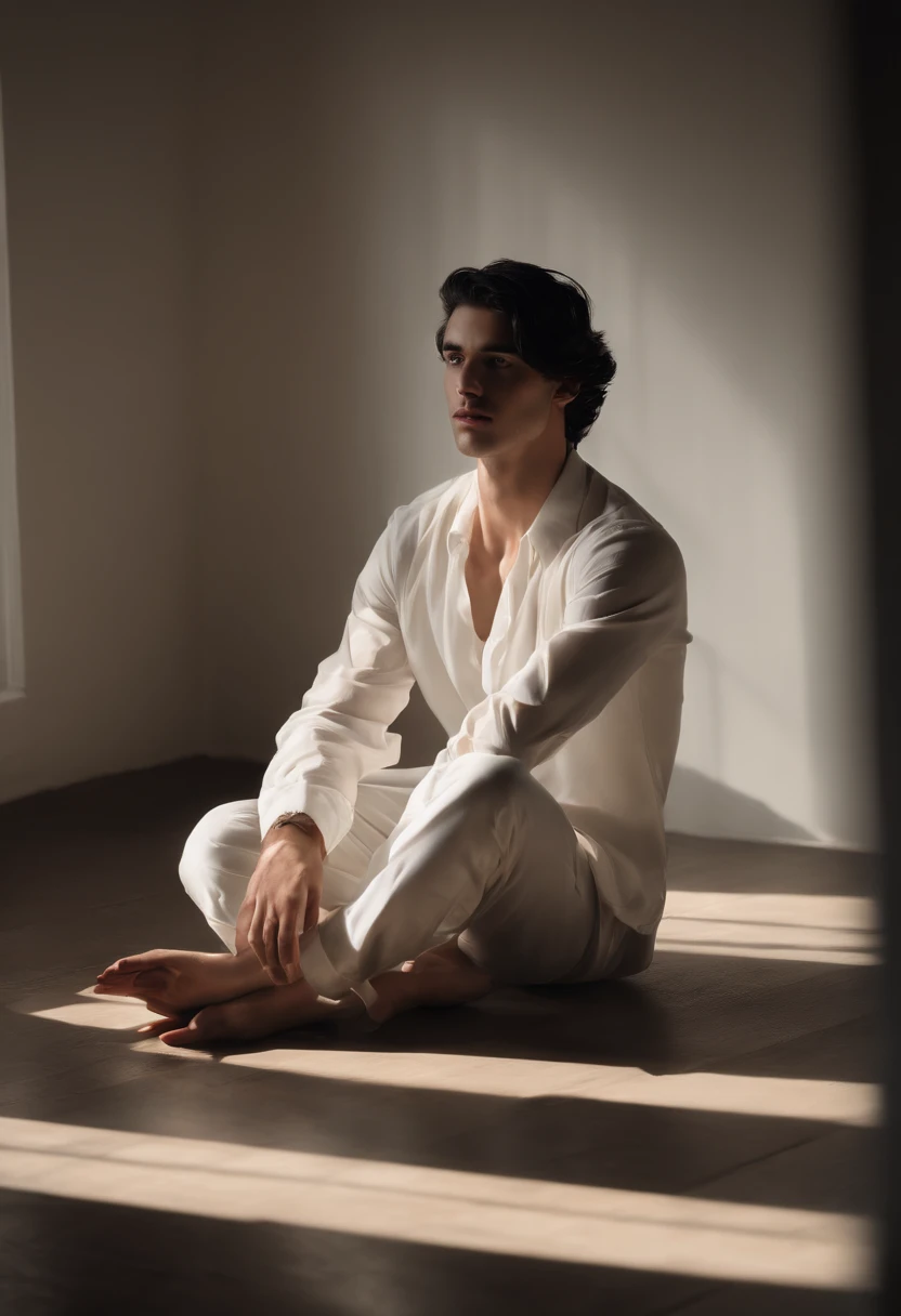 (best quality,4k,highres,masterpiece:1.2), ultra-detailed, painting-like, a pale young man with a long and black hair dressed in white clothes while sitting in the corner of a blank room. melancholic look, detailed eyes, detailed lips, white clothes flowing, subtle shadows, atmospheric lighting, thought-provoking, introspective, moody ambiance, artistic photography, chiaroscuro effect, dramatic lighting, introspective mood, deep contemplation, minimalist setting, clean lines, blank walls, empty space, sense of solitude, calm and serene atmosphere.