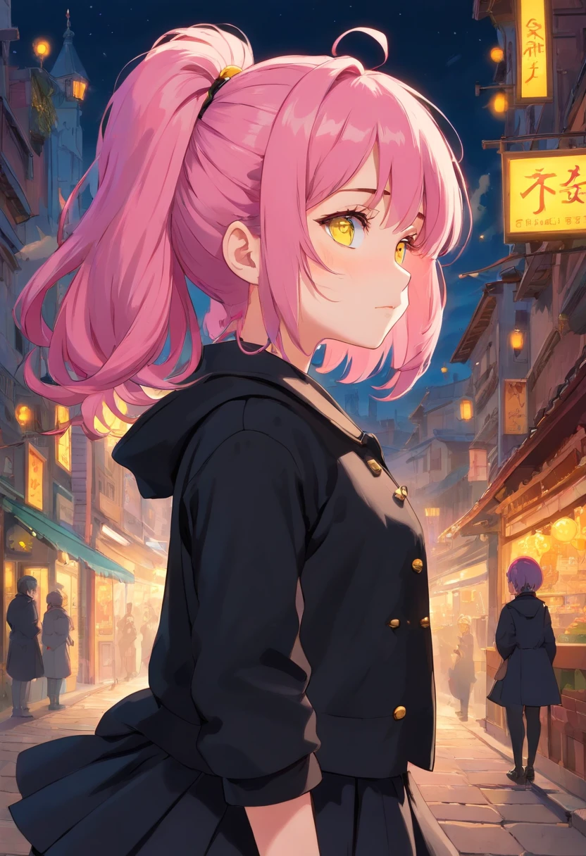 pink hair, yellow eyes, cute girl, 1girl, with gothic make up from the side, Black coat, short skirt,