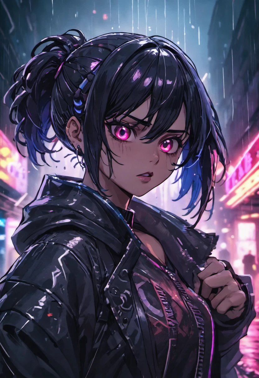fotografia de close-up, jovem mulher cyberpunk confiante com cabelos preto, inspirada em Morena Baccarin, usando um capuz, on a rain-soaked street at night, fotorrealista, Cinematic lighting