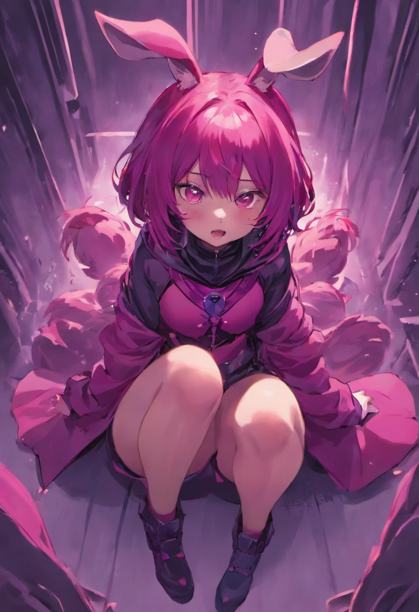 Bunny ears, cat tail, Magenta hair color, dark magenta eyes, brown skin, large ragged cloth-like cape wrapped around waist, chest armor, gauntlet, black long sleeve shirt under armor, chest armor, hoodie, baggy puffy pants, metal boots, fully armored, cloth wrapped around her waist, low blow, crying, on the ground, holding private part, drooling.