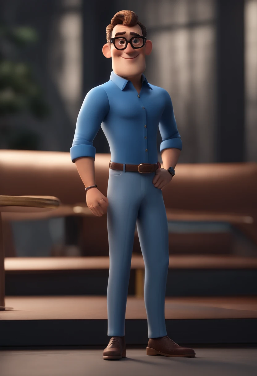 Cartoon character of a man with black glasses and a blue shirt, animation character, Caractere estilizado, animation style rendering, 3D estilizado, Arnold Maya render, 3 d render stylized, toon render keyshot, Personagem 3D, Personagem 3D, 3d rendering stylized, 3 d character render, personagem de desenho animado, Personagem de close up, Pose de personagem,  (Estilo Pixar) (master part:1.2) (Bokeh) (best quality) (pele detalhada) (textura detalhada) (8k) (argila) (Cinematic lighting) (foco nítido