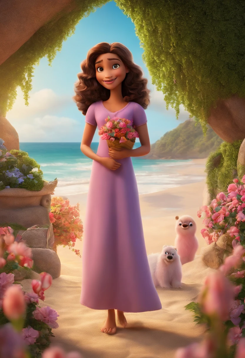 a Disney Pixar movie poster showing a family. The father is the tallest, Tem cavanhaque , loiro, cabelos curtos e espinhosos. Mom has brown eyes, cabelos pretos, long and slightly overweight, pele morena clara. Two twin girls, She is 8 and has medium blonde hair, cacheados, roupa rosa e cabelo solto. The background is a beach garden. 3D-rendering