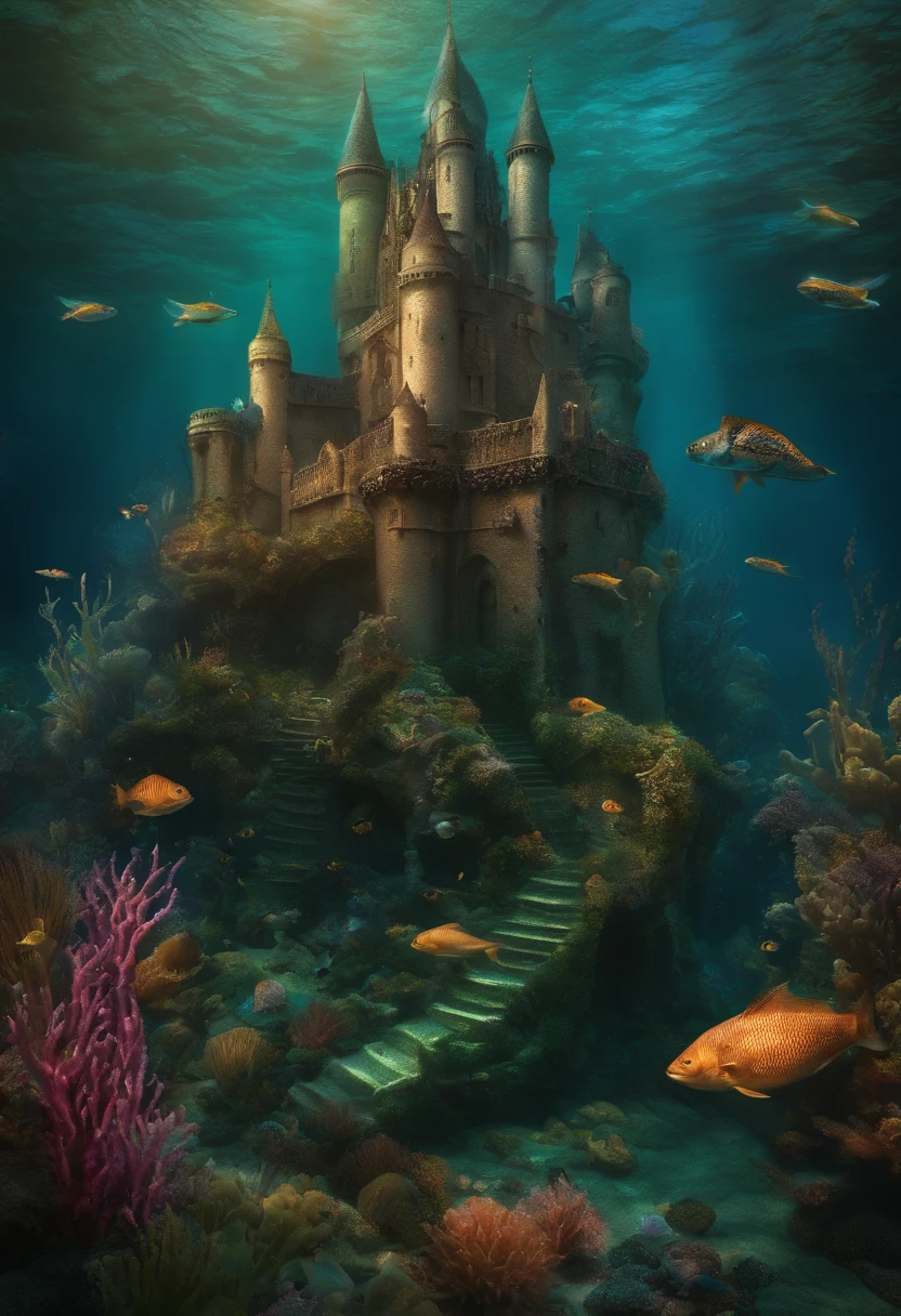 five mermaids swimming at the bottom of the sea, with many fish, a castle at the bottom of the sea, sea plants.