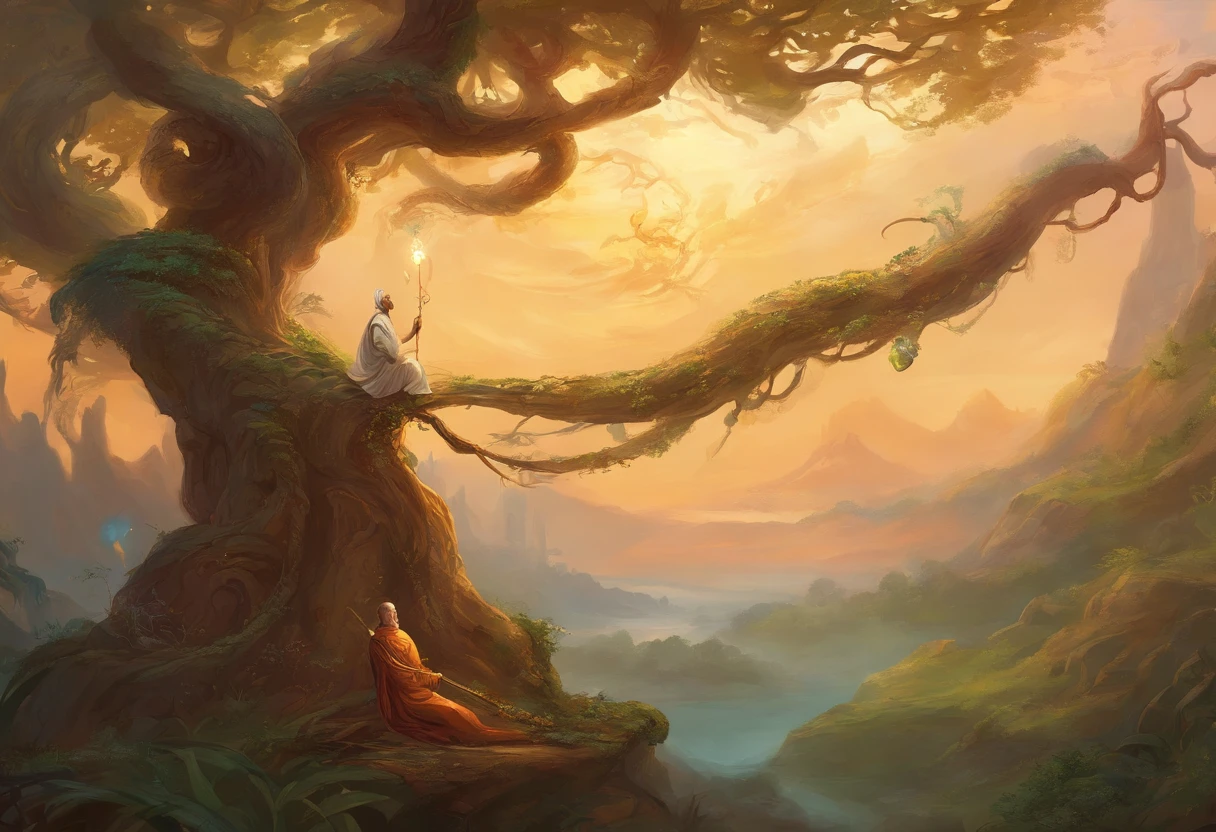 a small snake coiled around the branch of a tree and a monk beneath it talking