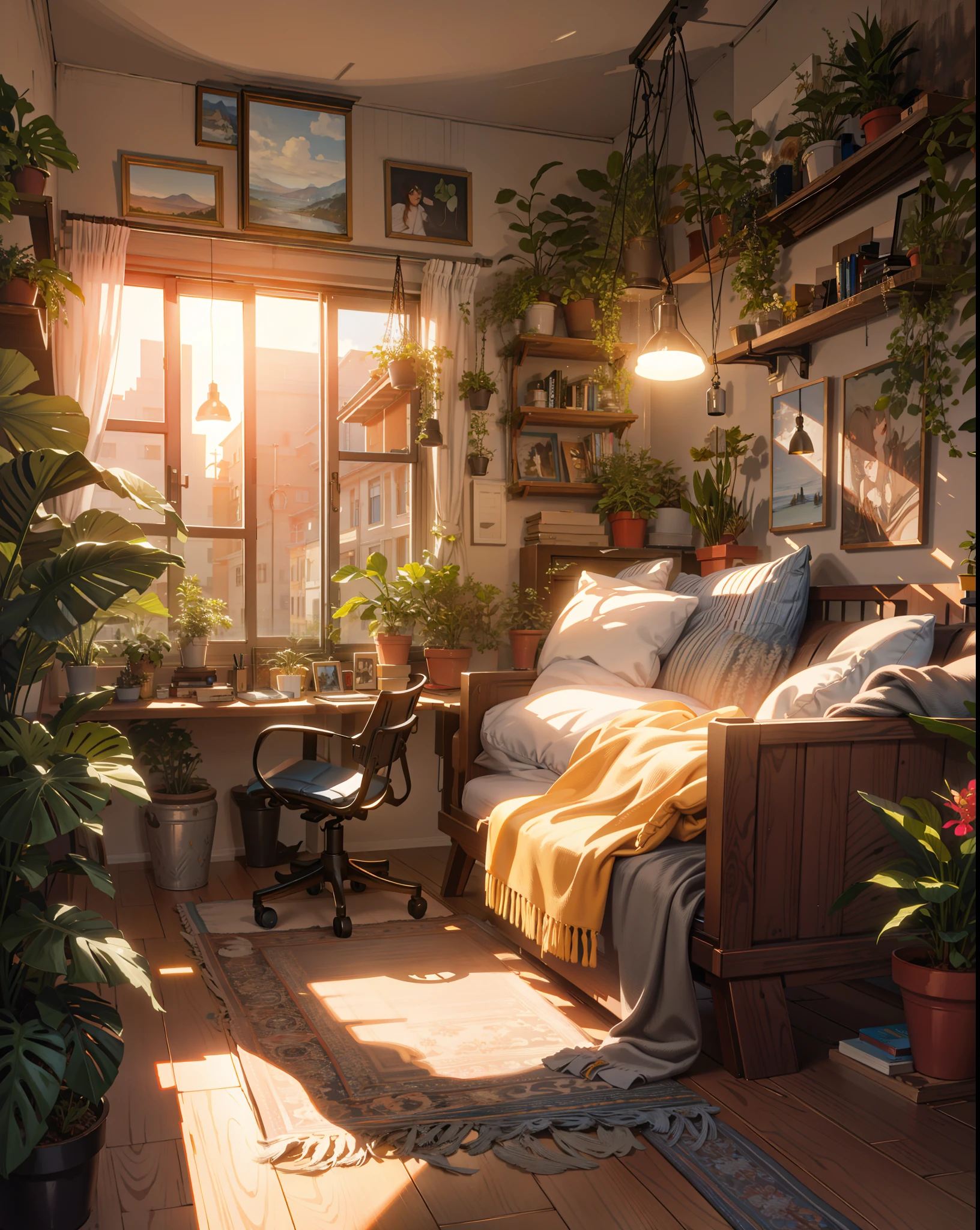 Painting of the interior landscape of a modern bedroom, Beautiful peaceful Loepfe atmosphere,Monstera factory,Floor-to-ceiling large windows ,desk,chair, prime time,hanging lights  ,chair,Table 4K HD, , Bougainville,Beautiful art UHD 4 K, A beautiful artwork illustration, beautiful digital painting, highly detailed digital painting, Beautiful digital artwork, Detailed painting 4 K, very detailed digital painting, rich picturesque colors, Gorgeous digital painting