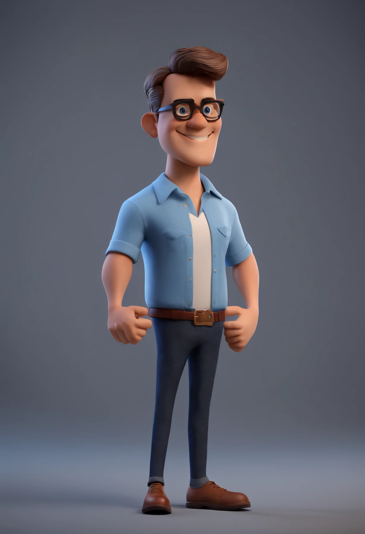 Cartoon character of a man with black glasses and a blue shirt, animation character, Caractere estilizado, animation style rendering, 3D estilizado, Arnold Maya render, 3 d render stylized, toon render keyshot, Personagem 3D, Personagem 3D, 3d rendering stylized, 3 d character render, personagem de desenho animado, Personagem de close up, Pose de personagem,  (Estilo Pixar) (master part:1.2) (Bokeh) (best quality) (pele detalhada) (textura detalhada) (8k) (argila) (Cinematic lighting) (foco nítido