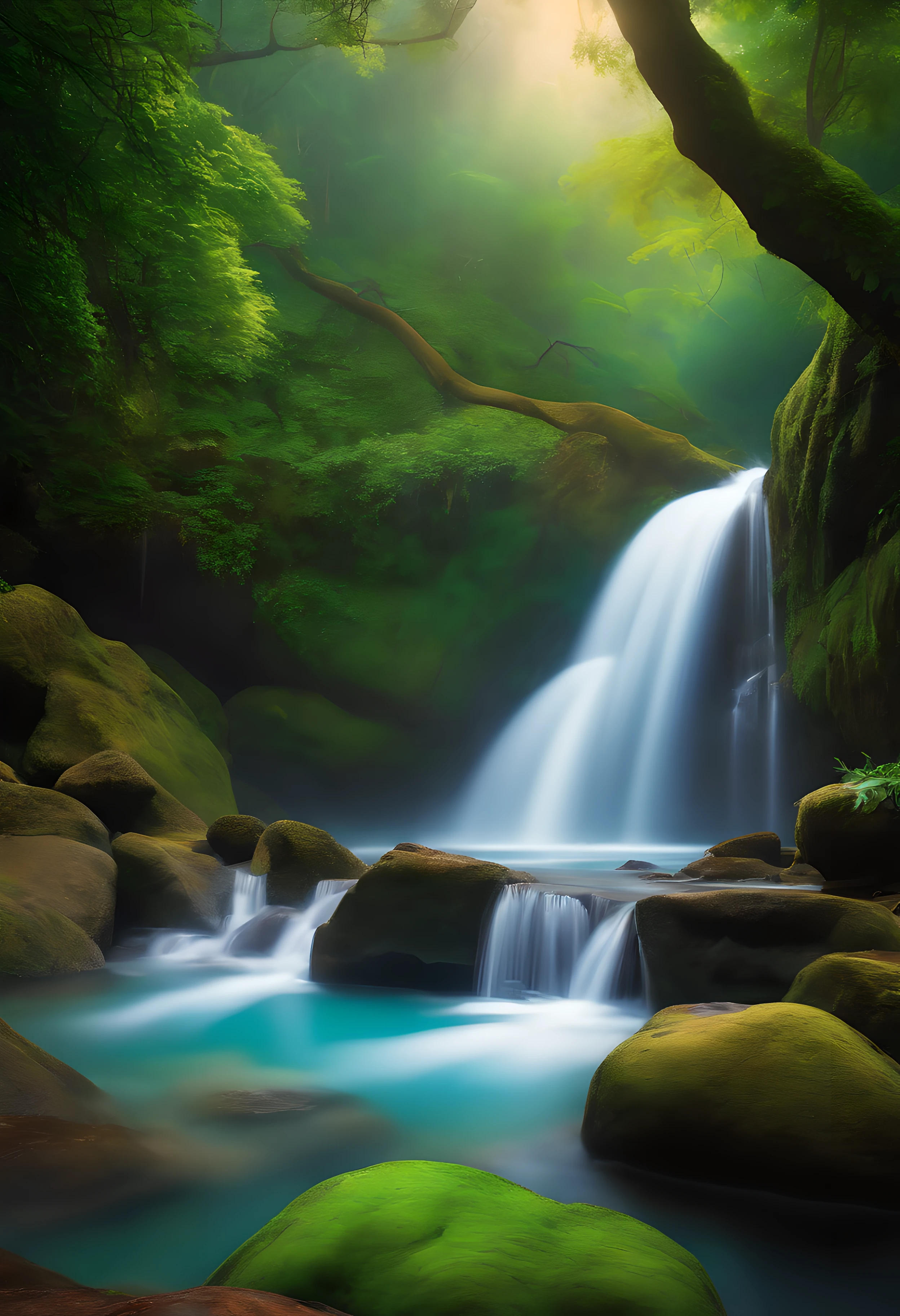 sunny tropical jungle vivid colors asymmetrical waterfall into shallow pool rough chiseled large moss covered boulders (colorful plants:1.2) volumetric fog high contrast
(masterpiece:1.2) (flat vector illustration:1.1) (best quality:1.2) (detailed) (intricate) (8k) (HDR) (wallpaper) (cinematic lighting) (sharp focus)