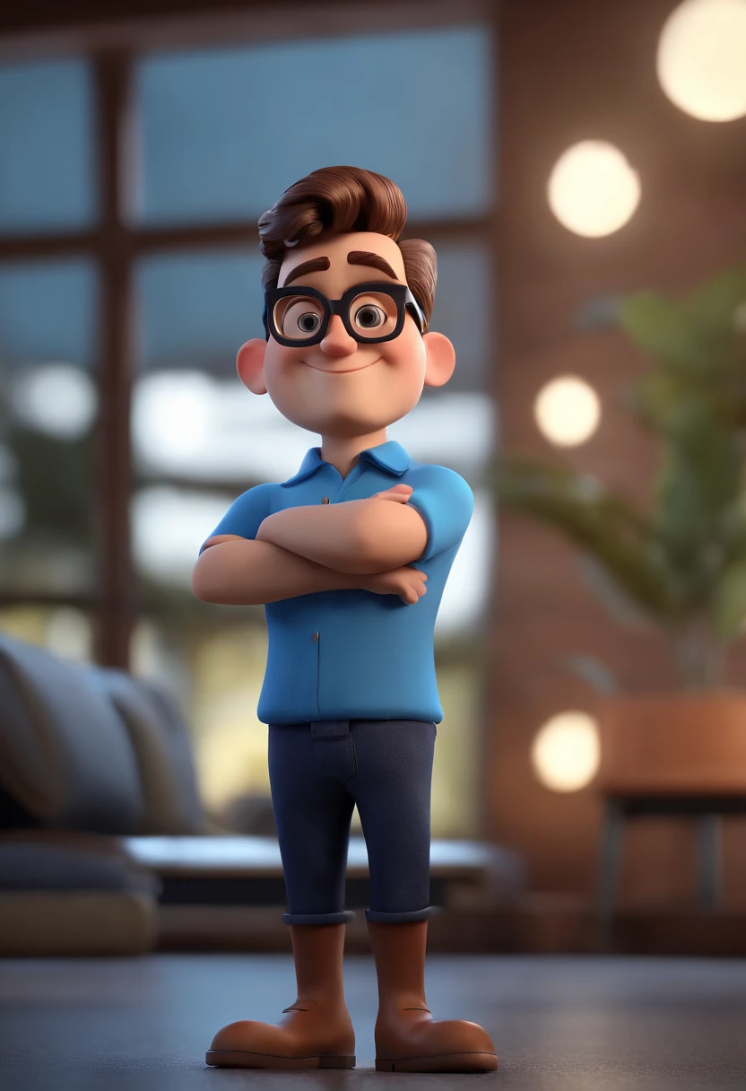 Cartoon character of a man with black glasses and a blue shirt, animation character, Caractere estilizado, animation style rendering, 3D estilizado, Arnold Maya render, 3 d render stylized, toon render keyshot, Personagem 3D, Personagem 3D, 3d rendering stylized, 3 d character render, personagem de desenho animado, Personagem de close up, Pose de personagem, (Estilo Pixar) (master part:1.2) (Bokeh) (best quality) (pele detalhada) (textura detalhada) (8k) (argila) (Cinematic lighting) (foco nítido