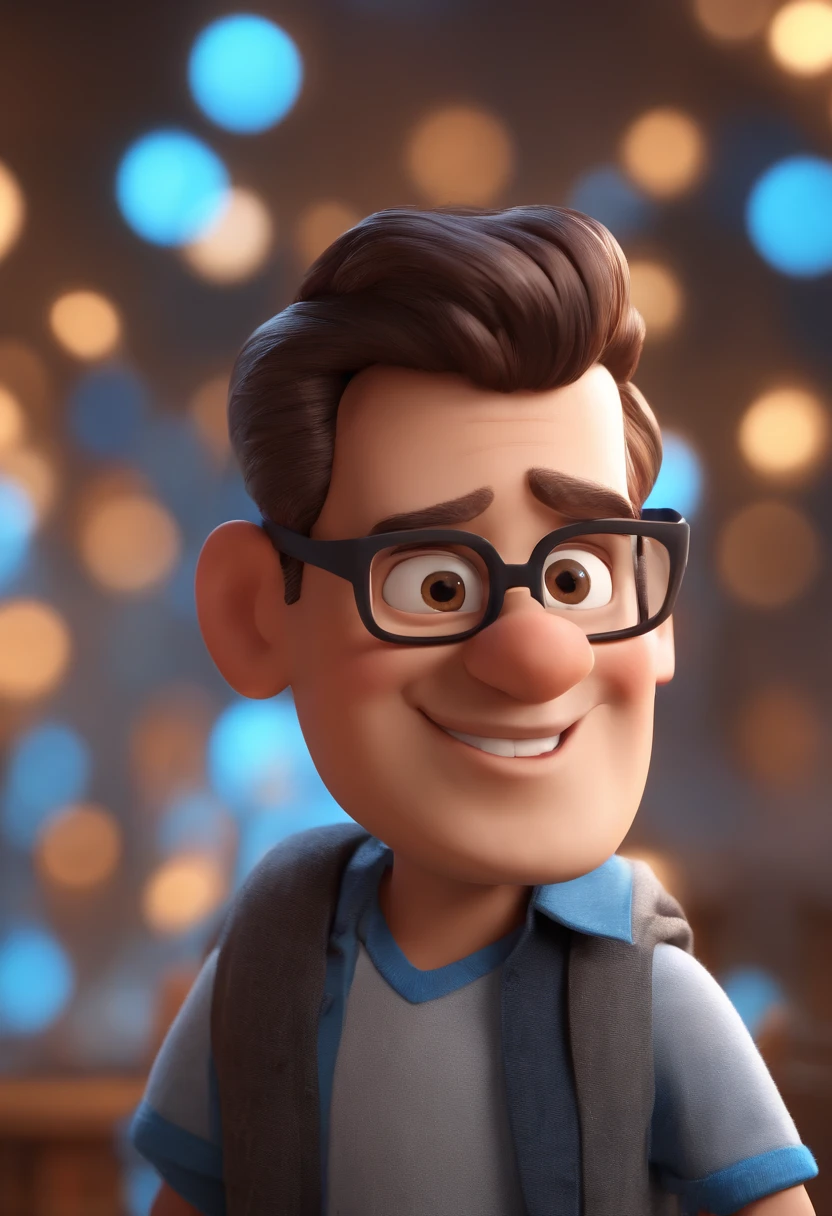 Cartoon character of a man with black glasses and a blue shirt, animation character, Caractere estilizado, animation style rendering, 3D estilizado, Arnold Maya render, 3 d render stylized, toon render keyshot, Personagem 3D, Personagem 3D, 3d rendering stylized, 3 d character render, personagem de desenho animado, Personagem de close up, Pose de personagem, (Estilo Pixar) (master part:1.2) (Bokeh) (best quality) (pele detalhada) (textura detalhada) (8k) (argila) (Cinematic lighting) (foco nítido
