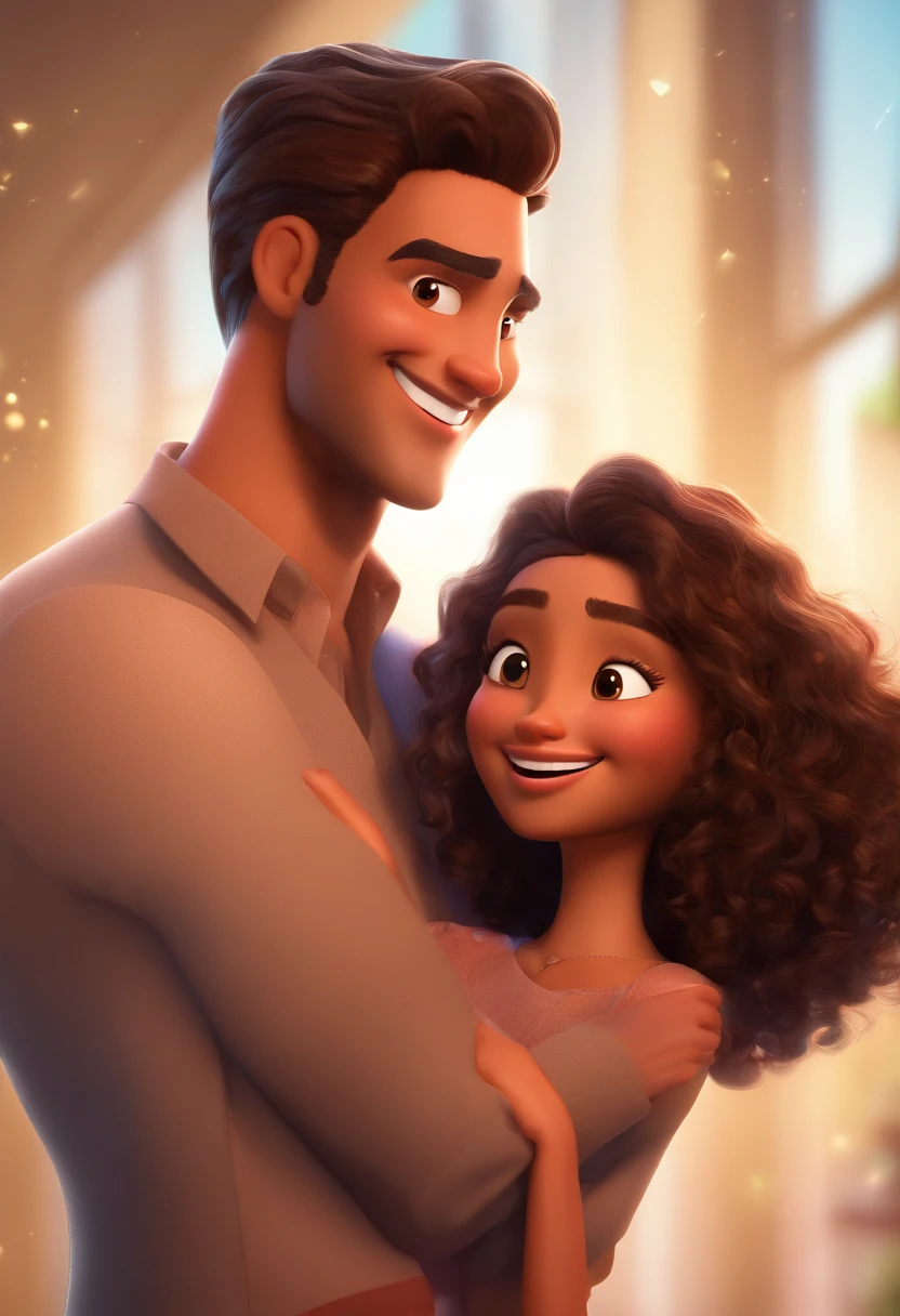 An illustration of an adorable couple, Spotlight on a smiling slim brunette man and a brown woman with beautiful expressive eyes - the man's skin is brown and the man's hair is low, while the woman's skin is brown and the woman's hair is curly and brown. They are a bright room, cada um com um sorriso no rosto, e compartilhar um momento especial caracterizado pelo amor, Insights. Illustrate this scene from a perspective where they are facing the camera, Smiling and Showing Your Connection. Desenvolva esta arte em Full HD, Focus on your cinematic touch, Estilo Disney Pixar Animations