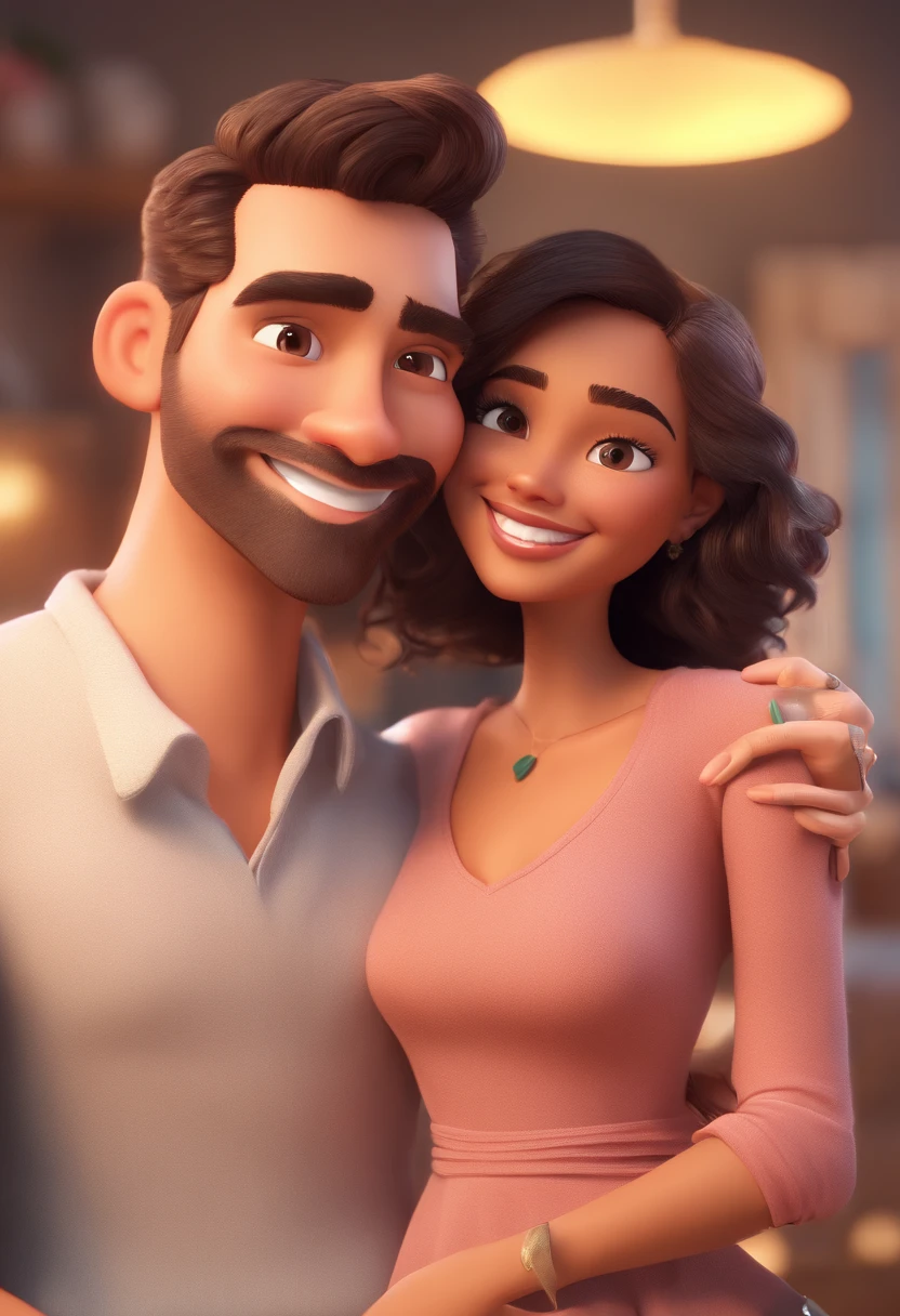 An illustration of an adorable couple, Spotlight on a smiling slim brunette man and a brown woman with beautiful expressive eyes - the man's skin is brown and the man's hair is low, while the woman's skin is brown and the woman's hair is curly and brown. They are a bright room, cada um com um sorriso no rosto, e compartilhar um momento especial caracterizado pelo amor, Insights. Illustrate this scene from a perspective where they are facing the camera, Smiling and Showing Your Connection. Desenvolva esta arte em Full HD, Focus on your cinematic touch, Estilo Disney Pixar Animations