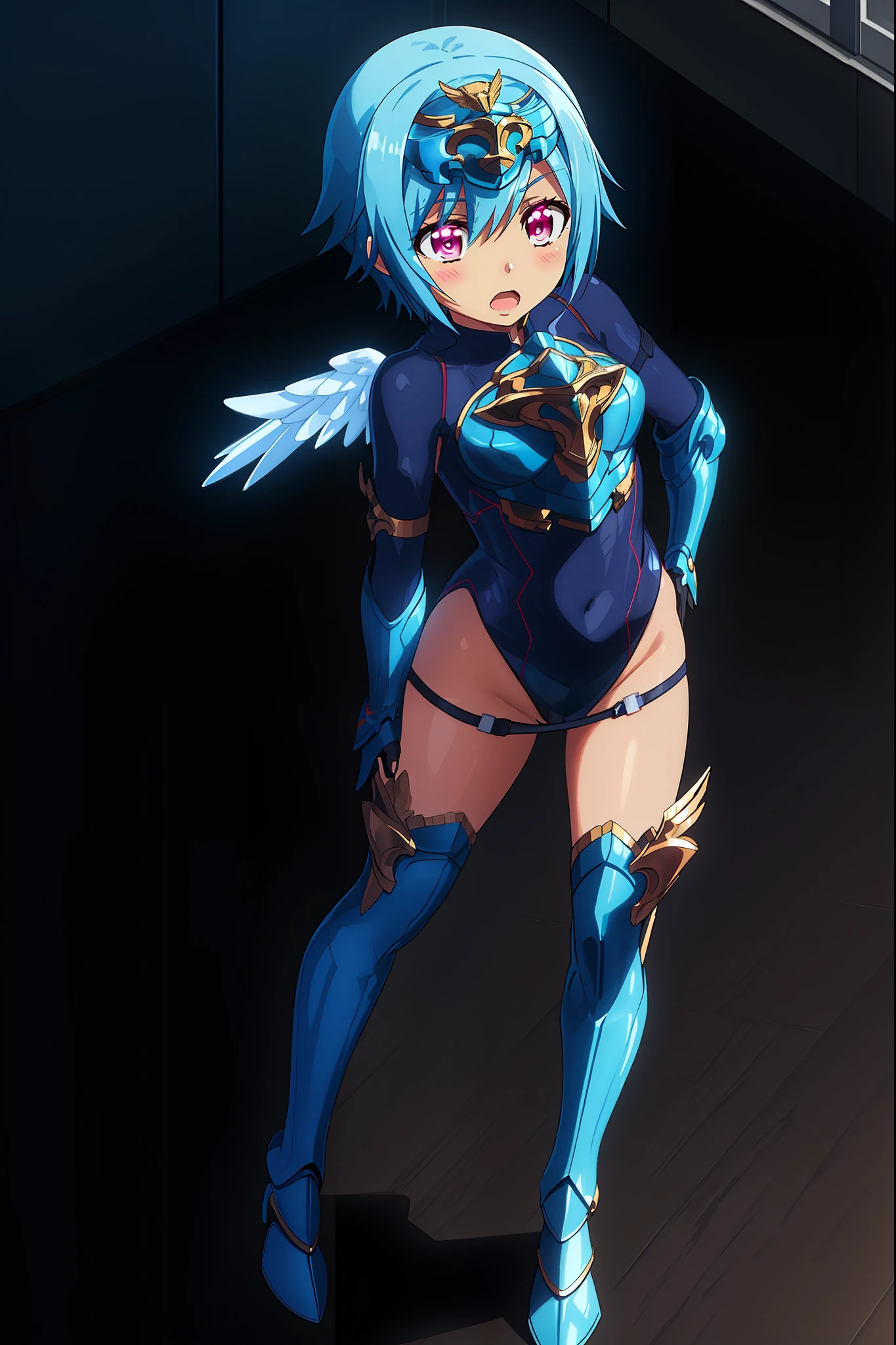 sandalphon (the seven heavenly virtues), masterpiece, best quality, 1girl, solo, short hair, blue hair, red eyes, blush, wings, open mouth, armor, gloves, head wings, full body, boots, white body suit