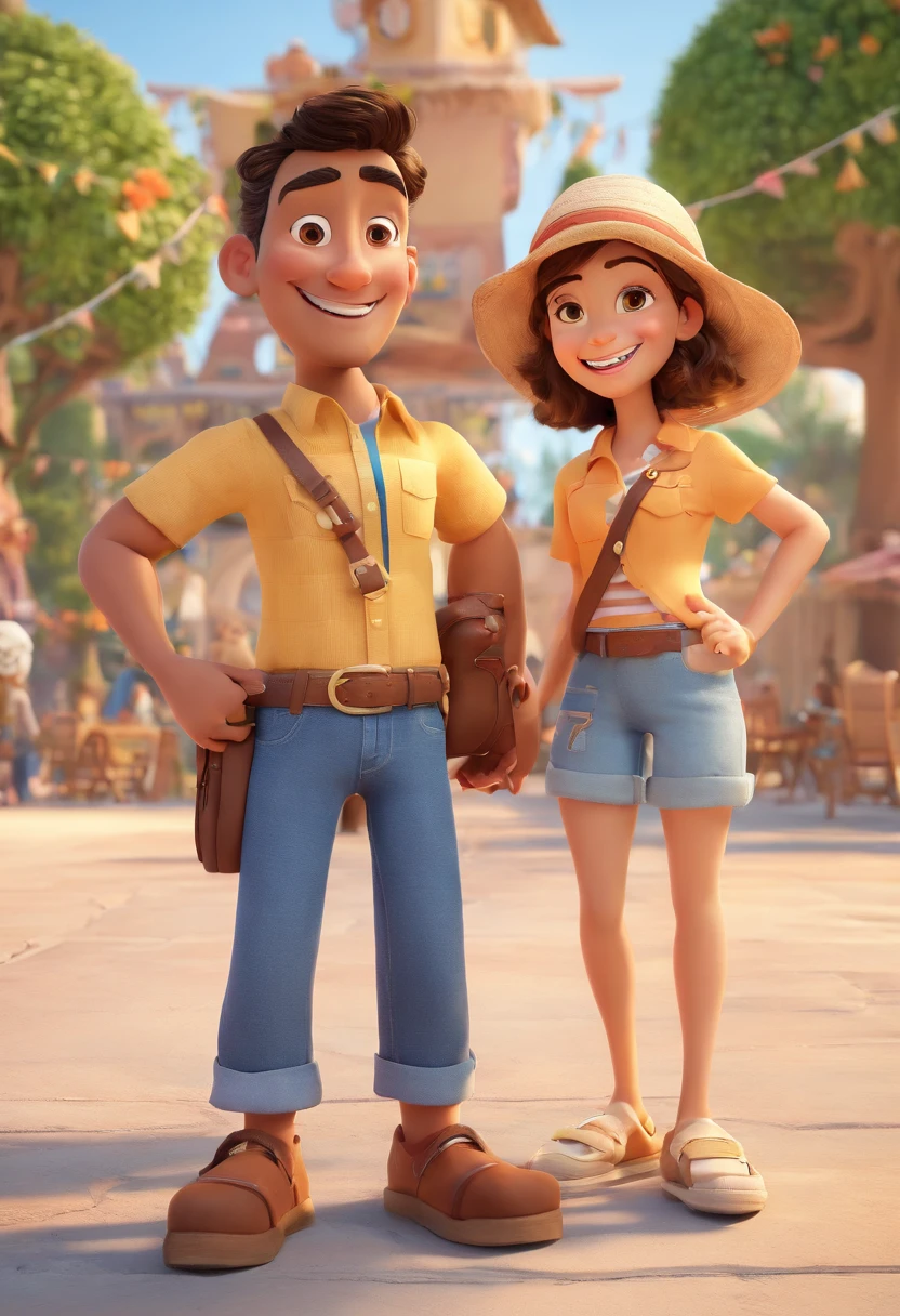 Cartoon of friends having fun on vacation together,  3D Animation Movie Poster, Poster de filme animado, pixar 3 d animation style, pixar renderman rendering, maia 8 mil, animated film, Disney Pixar Estilo 3D, amigos felizes saem juntos, all wearing light blue shirts and cream brown long pants, camisa azul clara, cream brown pants, ao ar livre, vacation, Disney Pixar Animation Poster