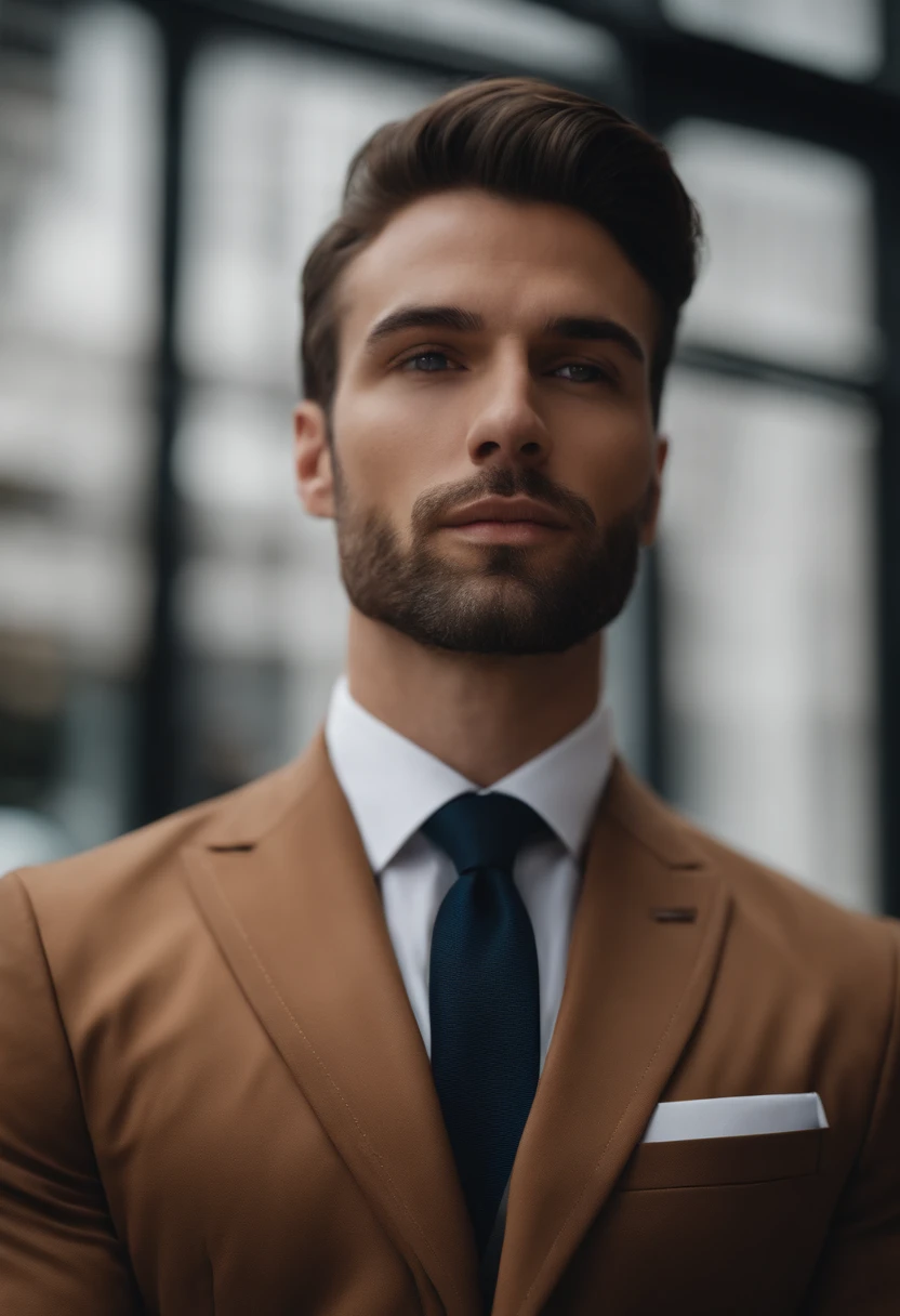 attractive 30 year old man in Hugo boss business suit , Belle barbe , Executive Sexy Man, Terno donc, Front camera focus, mode portrait, perfectly straight in front of the camera