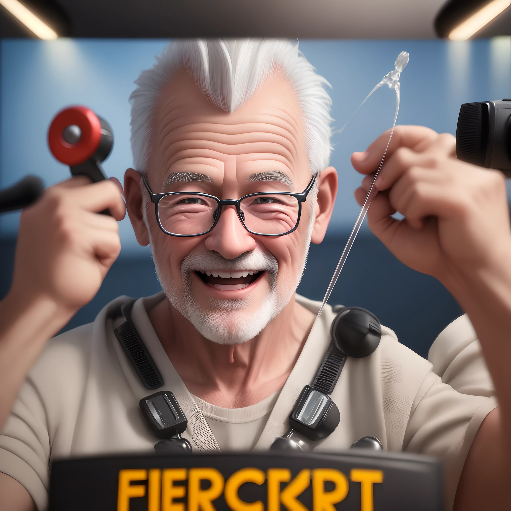 poster 3d inspirado na Disney/pixar capturando uma sena de um homen 51 anos, de cabelos grisalhos de 1,93 de altura, com barbar curta, in the middle of a video recording studio, shows super happy making safety procedure and self-defense technique content for Instagram
