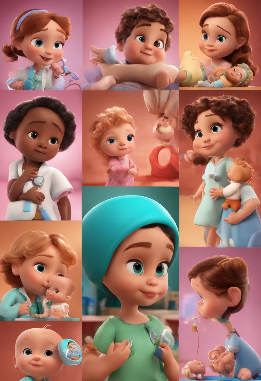 Em um hospital, com um desfibrilador, indicating paediatric resuscitation. childrens/ Disney Pixar Style Babies. 5 Doctor Characters, de jaleco, meninas. Cores mais amarelas e rosas. Titulo: resuscitation workshop with LAPED.
