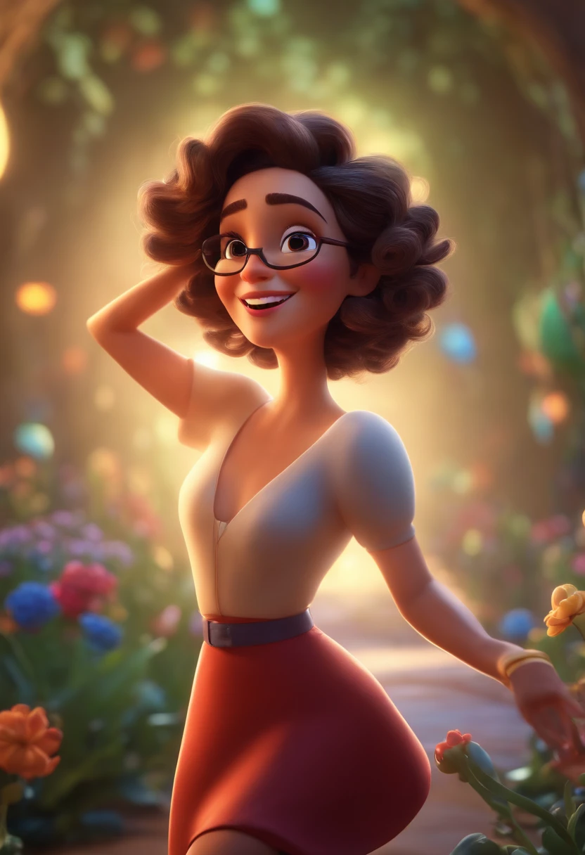 Pixar style image with 3D character white glasses brunette woman short curly hair dancing, Maquiagem Disney,Pescador, bonitinho, sorridente ,Close-up, Pixar, Disney, Cinema lighting,