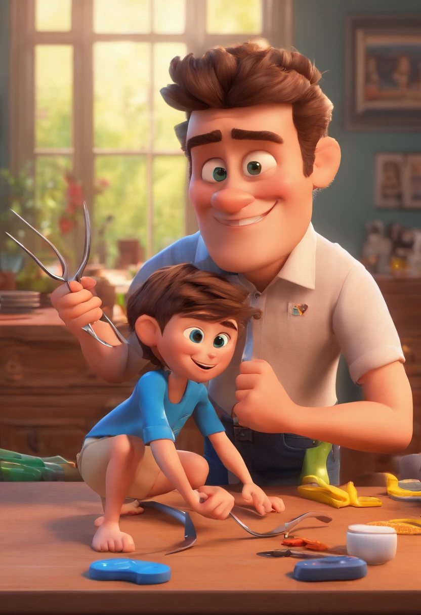 Estilo Pixar: The grown man is holding a naked blue-eyed boy and in his other hand he is holding a pair of scissors and is trying to cut off the boy's testicles,3D Poster,Disney