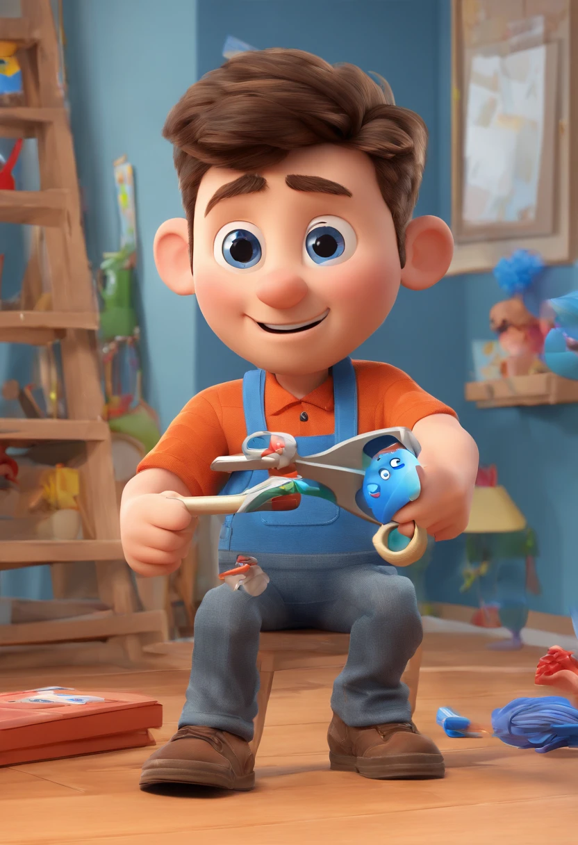 Estilo Pixar: The grown man is holding a naked blue-eyed boy and in his other hand he is holding a pair of scissors and is trying to cut off the boy's testicles,3D Poster,Disney