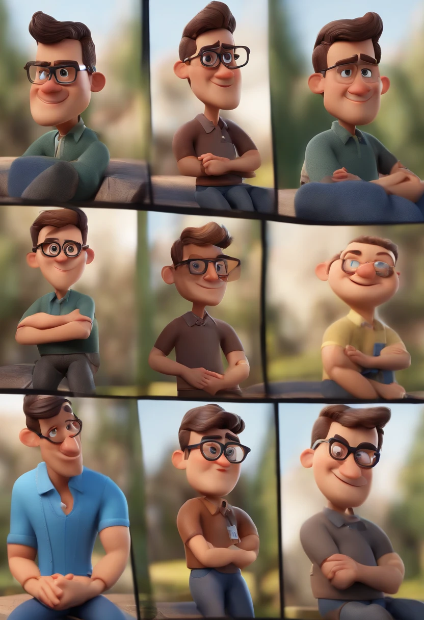 Cartoon character of a man wearing black glasses and a blue shirt, um personagem animado, Caractere estilizado, animation style rendering, 3D estilizado, Arnold Maya render, 3 d render stylized, toon render keyshot, Personagem 3D, Personagem 3D, 3d rendering stylized, 3 d character render, personagem de desenho animado, Personagem de close up, Pose de personagem, (Estilo Pixar) (master part:1.2) (Bokeh) (best quality) (pele detalhada) (textura detalhada) (8k) (argila) (Cinematic lighting) (foco nítido