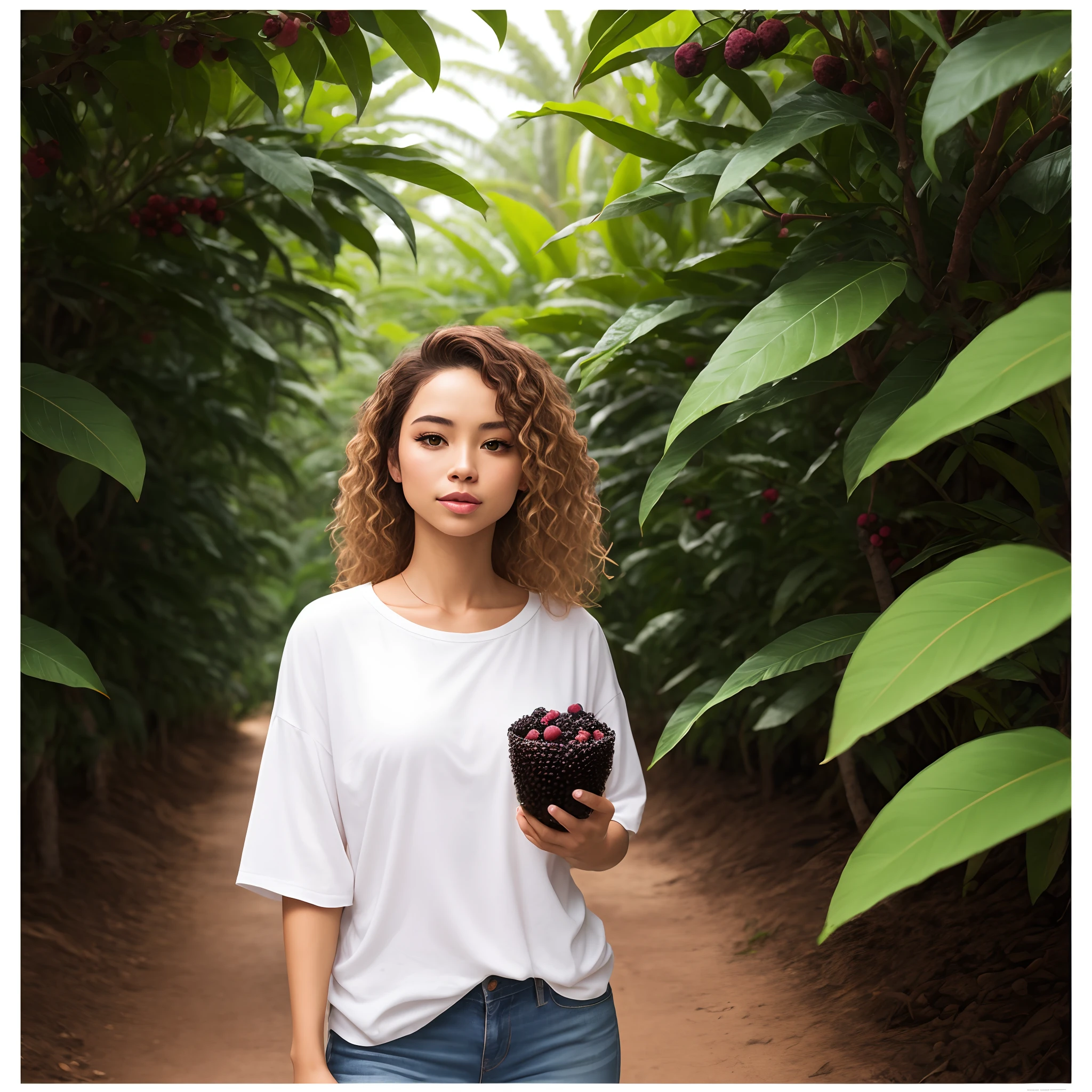 Pixer Style 25 Year Old Woman Brown Eyes Honey Curly Hair Medium Body Tabby Light Skin With Basic Clothes In An Acai Plantation Poster With Purple Shades Of Acai Berry