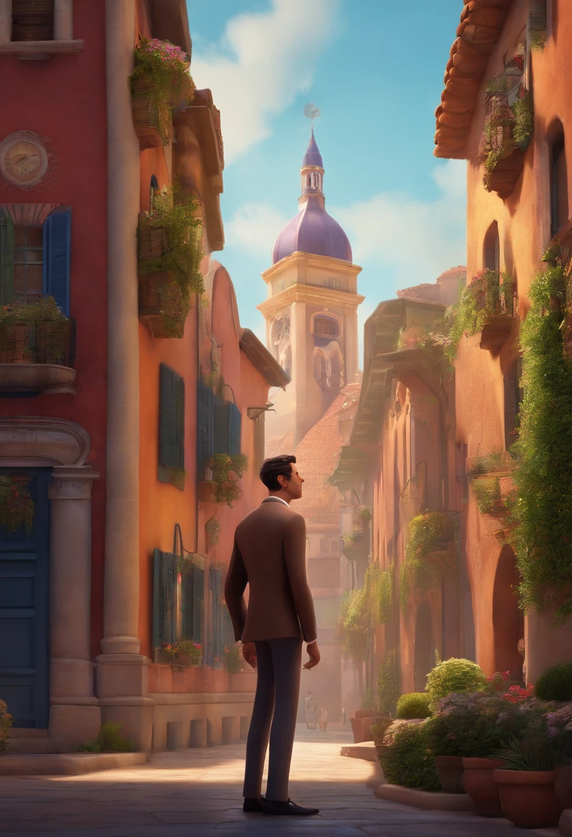 A city councilman looking at a dream project inspired by Pixar animation, de perto. The character takes center stage with captivating facial expressions, oferecendo um toque de irrealidade