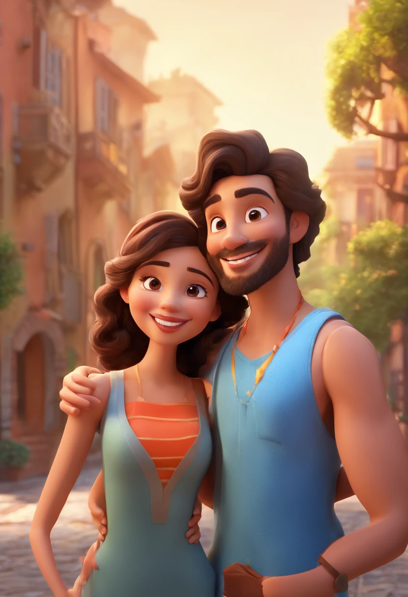 An illustration of an adorable couple, Spotlight on a smiling slim brunette man and a brown woman with beautiful expressive eyes - the man's skin is brown and the man's hair is low, while the woman's skin is brown and the woman's hair is curly and brown. They are a bright room, cada um com um sorriso no rosto, e compartilhar um momento especial caracterizado pelo amor, Insights. Illustrate this scene from a perspective where they are facing the camera, Smiling and Showing Your Connection. Desenvolva esta arte em Full HD, Focus on your cinematic touch, Estilo Disney Pixar Animations
