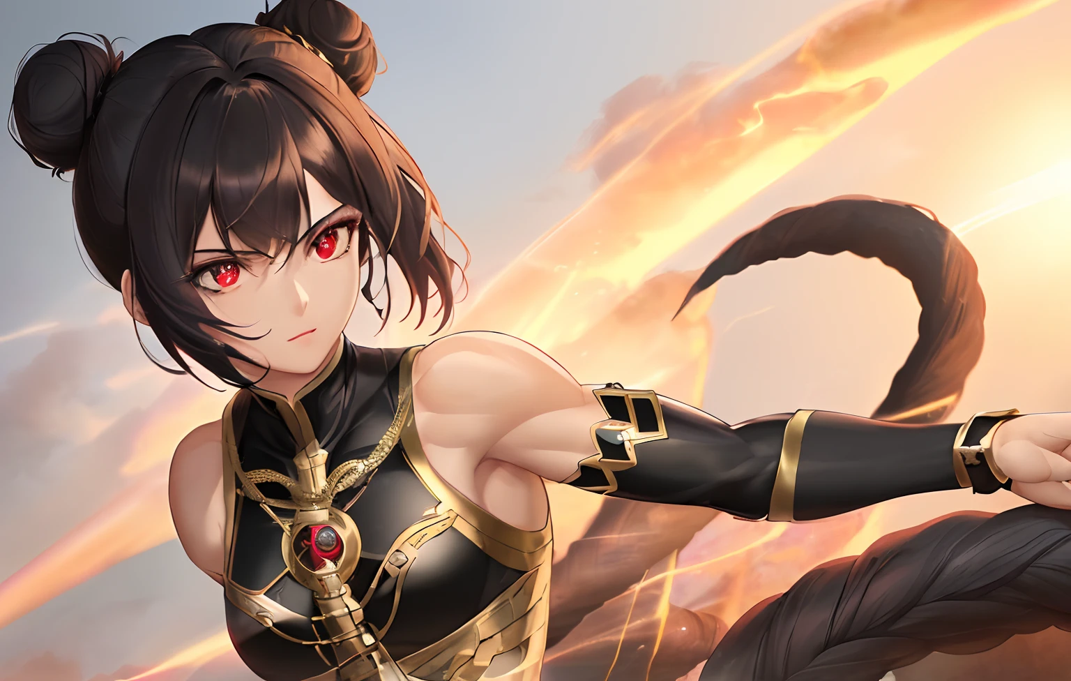 (Best quality, 8k, 32k, perfect body, ultra detailed face, , detailed eyes, ((masterpiece)), highres, Muscular woman, Black hair, Red eyes, tall body, Small face, Short hair, Side buns, Fantasy outfit, Neutral Expression, Solo, Spiral Eyes, Holding blade, Standing